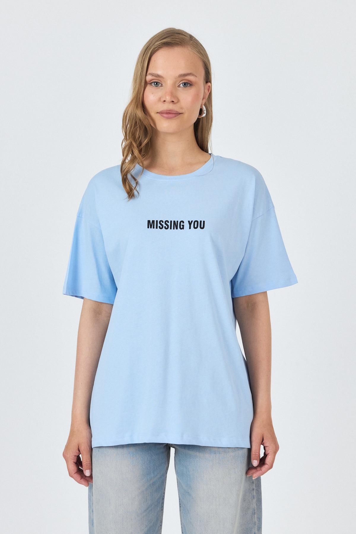 Mavi Yazı Baskılı Pamuklu Oversize Tişört 2150-6M - 2