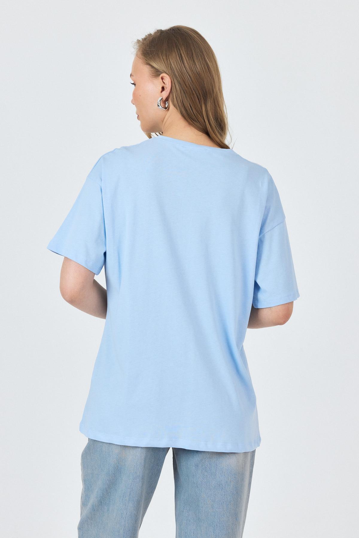 Mavi Yazı Baskılı Pamuklu Oversize Tişört 2150-6M - 5