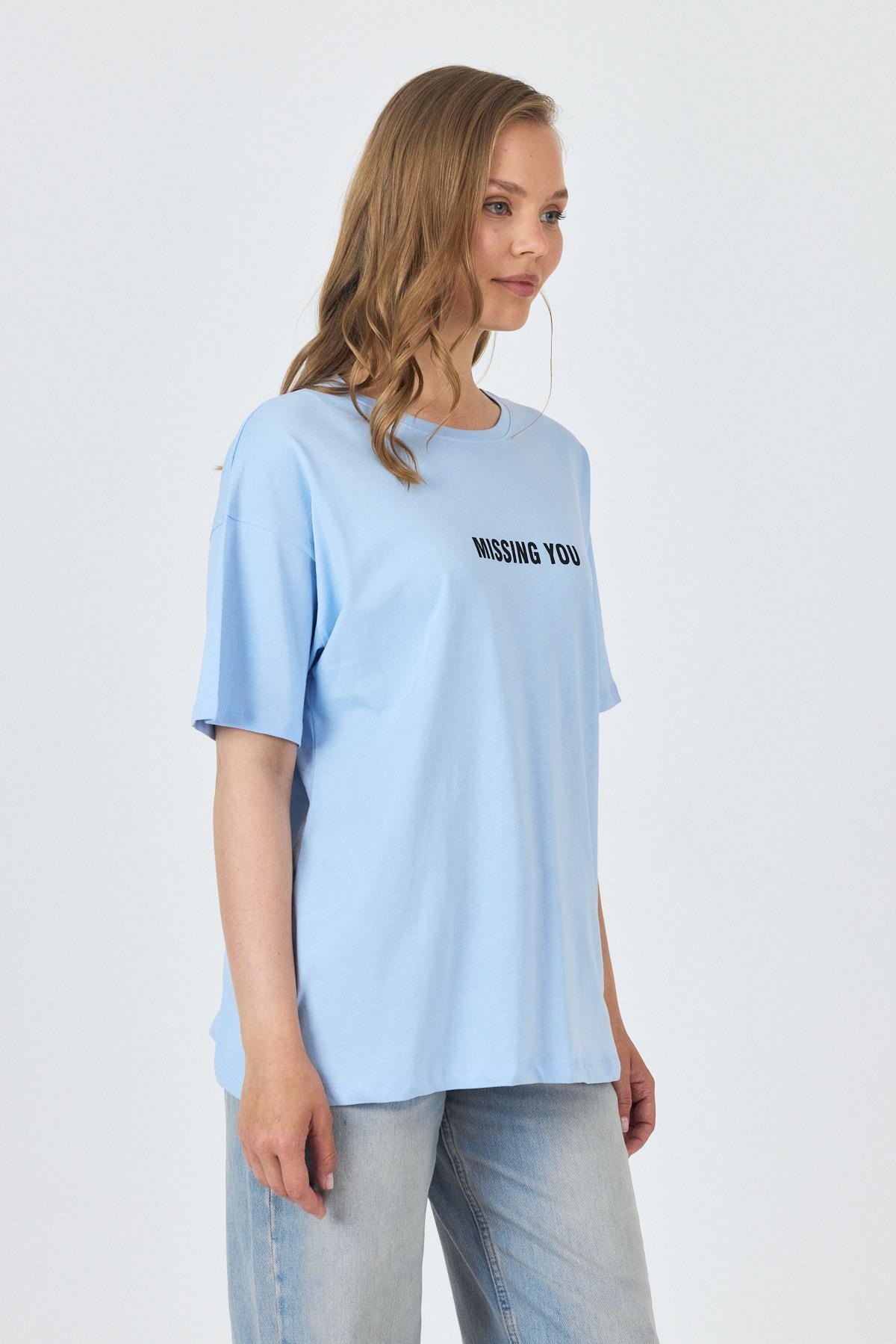 Mavi Yazı Baskılı Pamuklu Oversize Tişört 2150-6M - 3