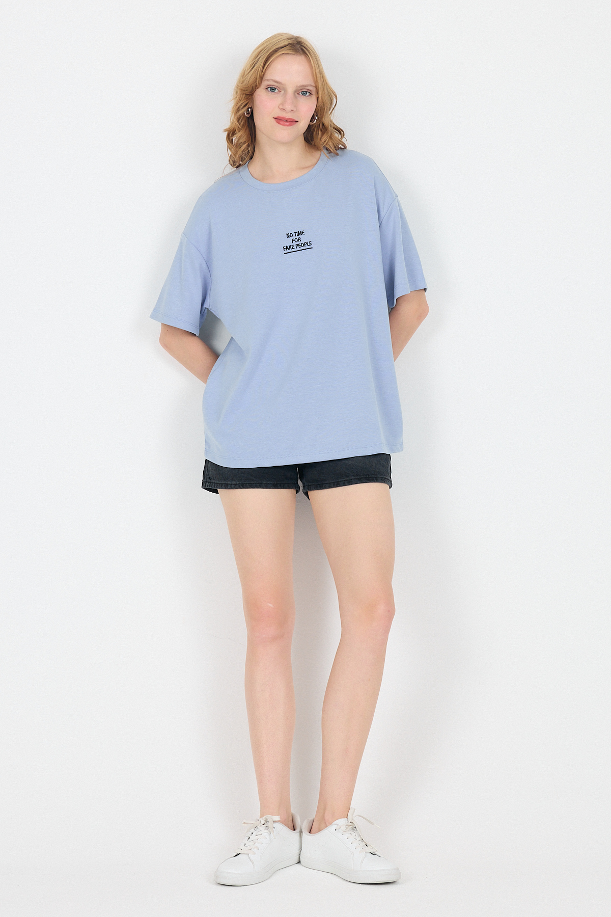 Mavi Yumuşak Dokulu Yazı Baskılı Oversize Tişört 6265 - 3