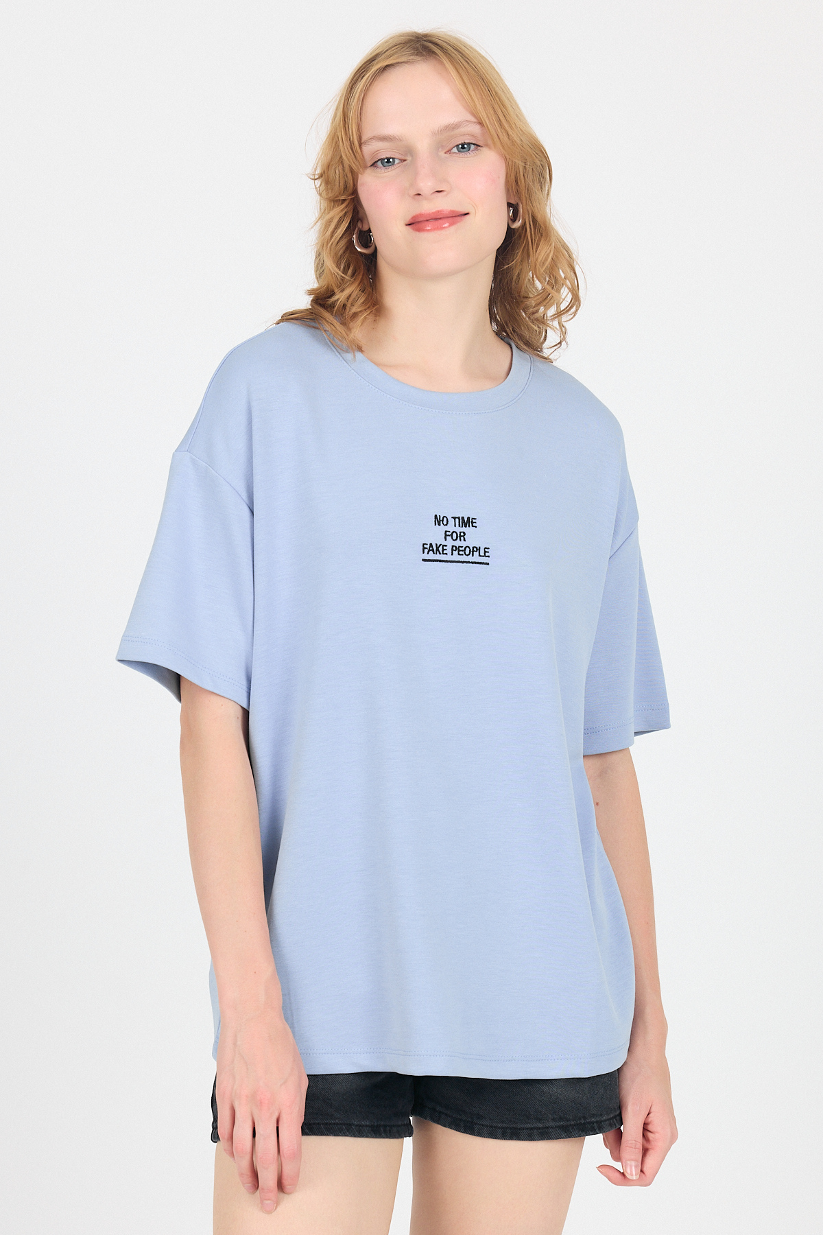 Mavi Yumuşak Dokulu Yazı Baskılı Oversize Tişört 6265 - 2