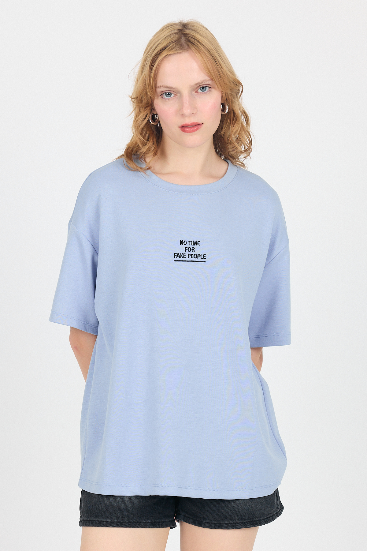 Mavi Yumuşak Dokulu Yazı Baskılı Oversize Tişört 6265 - 6