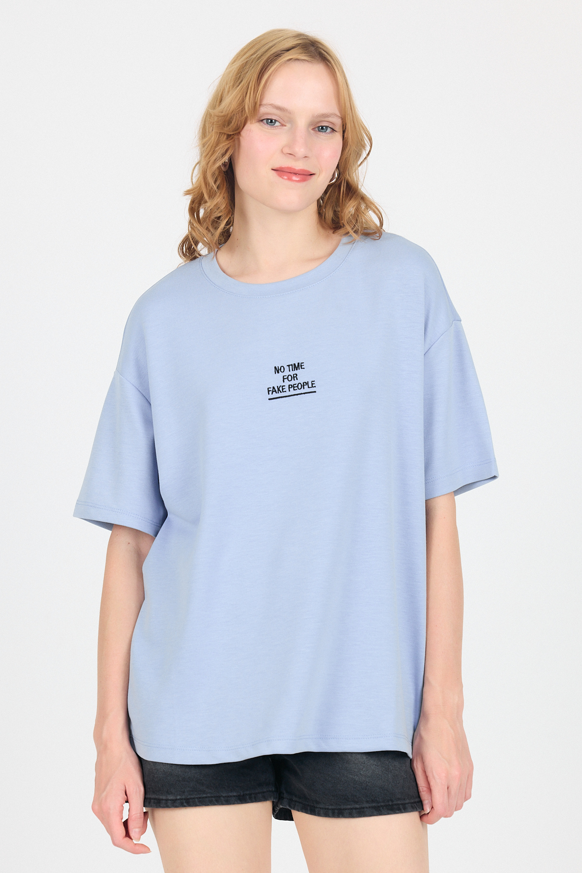 Mavi Yumuşak Dokulu Yazı Baskılı Oversize Tişört 6265 - 7