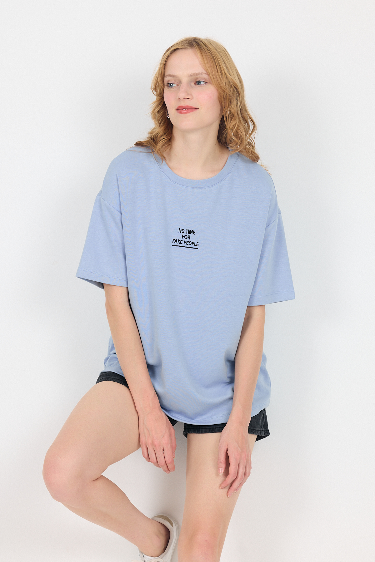 Mavi Yumuşak Dokulu Yazı Baskılı Oversize Tişört 6265 