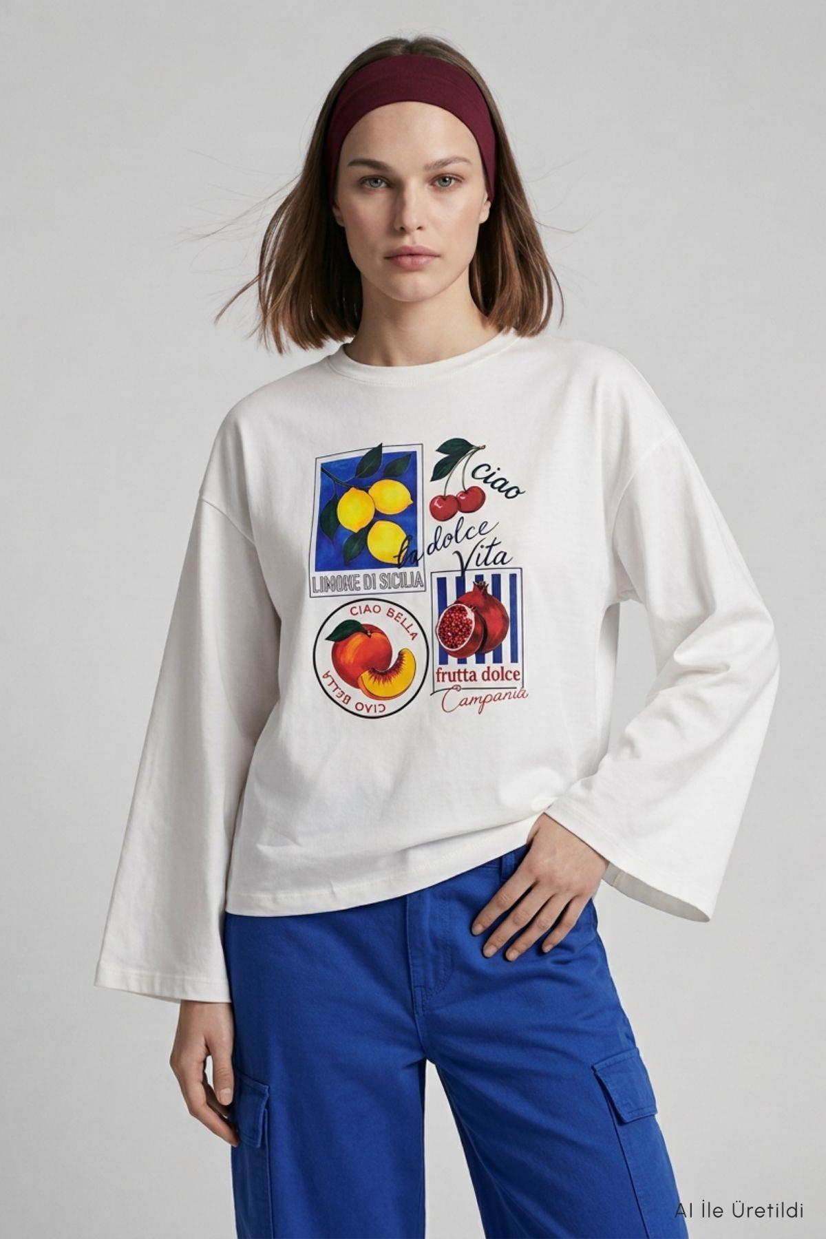 Meyve Baskılı Geniş Kol Oversize Body 31155 Ekru - 1