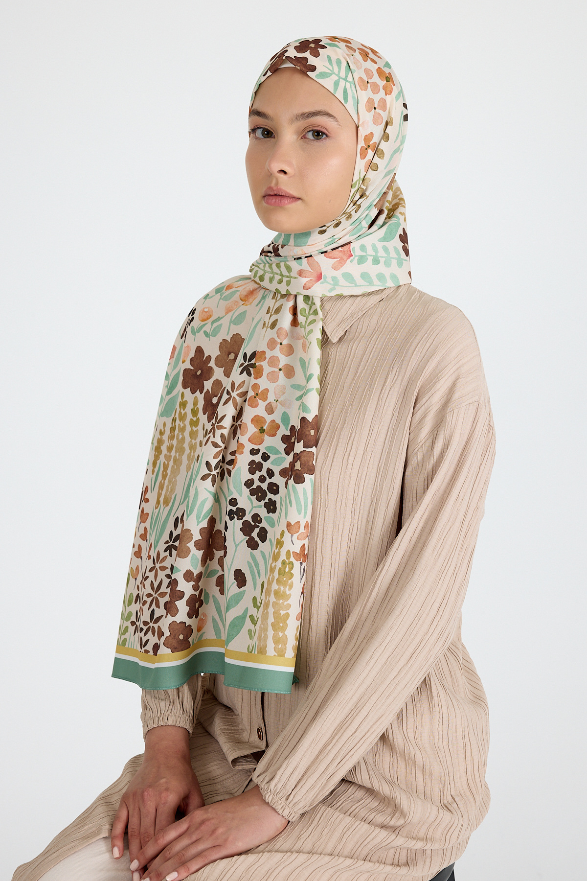 Mint Çiçek Desenli Şal 5677 