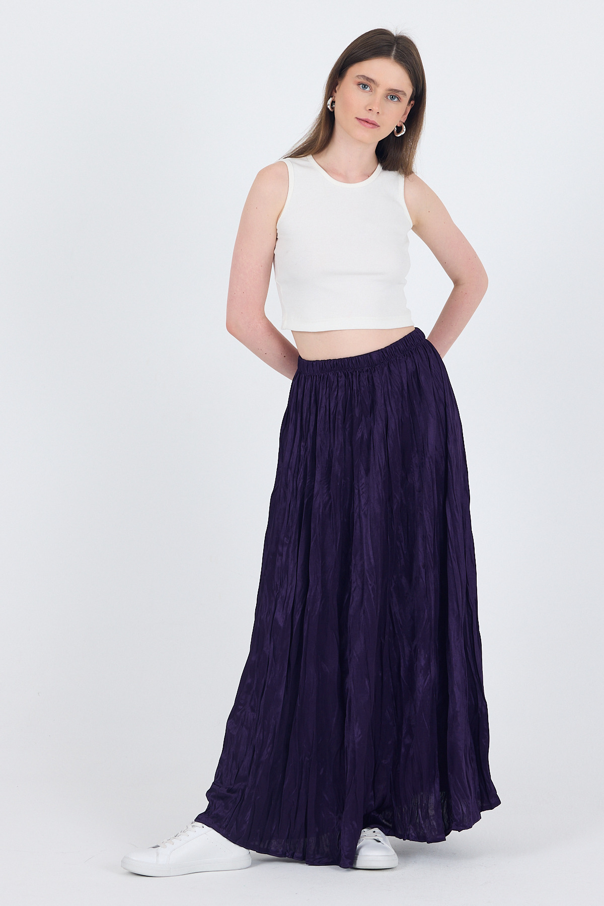 Mor Bel Lastikli Kırışık Kumaş Etek 3483 - RAYS