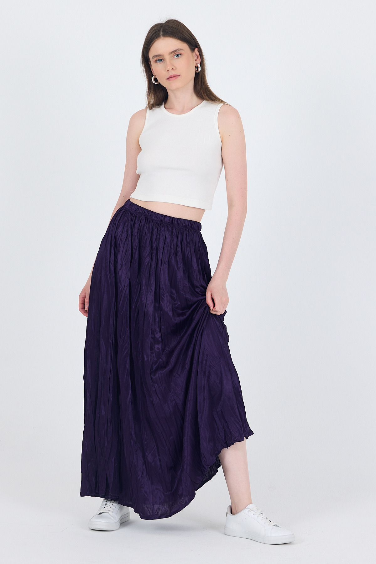 Mor Bel Lastikli Kırışık Kumaş Etek 3483 - 2