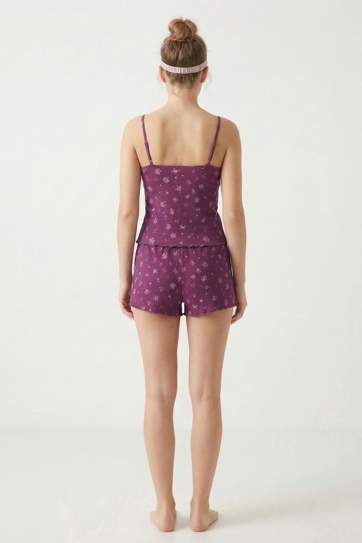 Mor Çiçek Desen Askılı Şortlu Pijama Takımı 0704 - RAYS