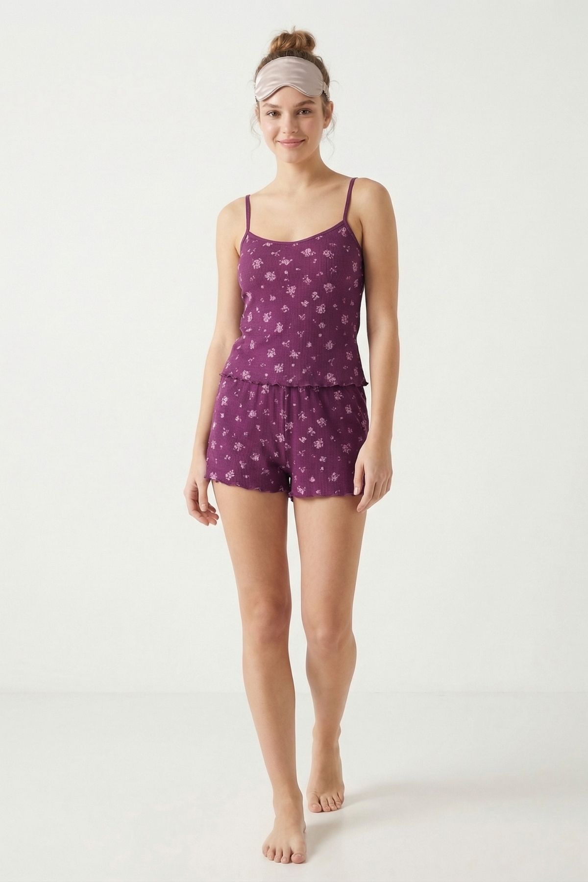 Mor Çiçek Desen Askılı Şortlu Pijama Takımı 0704 - RAYS (1)