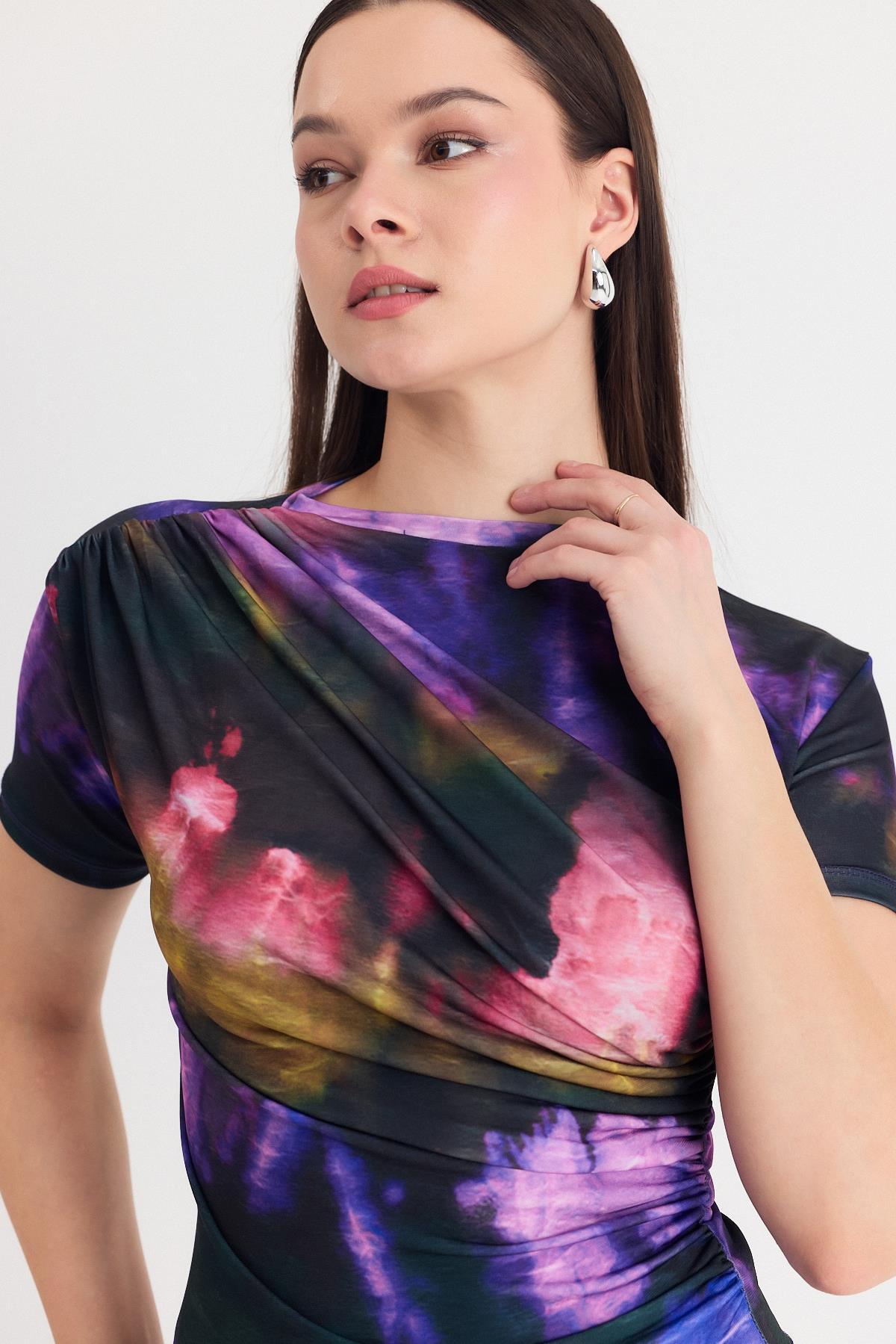 Mor Desenli Büzgülü Sandy Bluz 12303 - 4