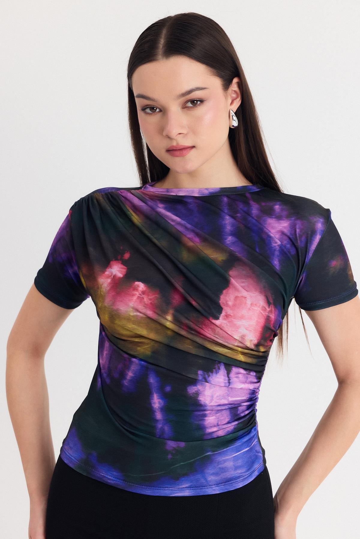 Mor Desenli Büzgülü Sandy Bluz 12303 