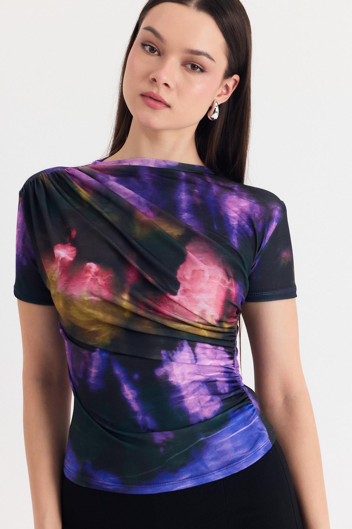 Mor Desenli Büzgülü Sandy Bluz 12303 - 8