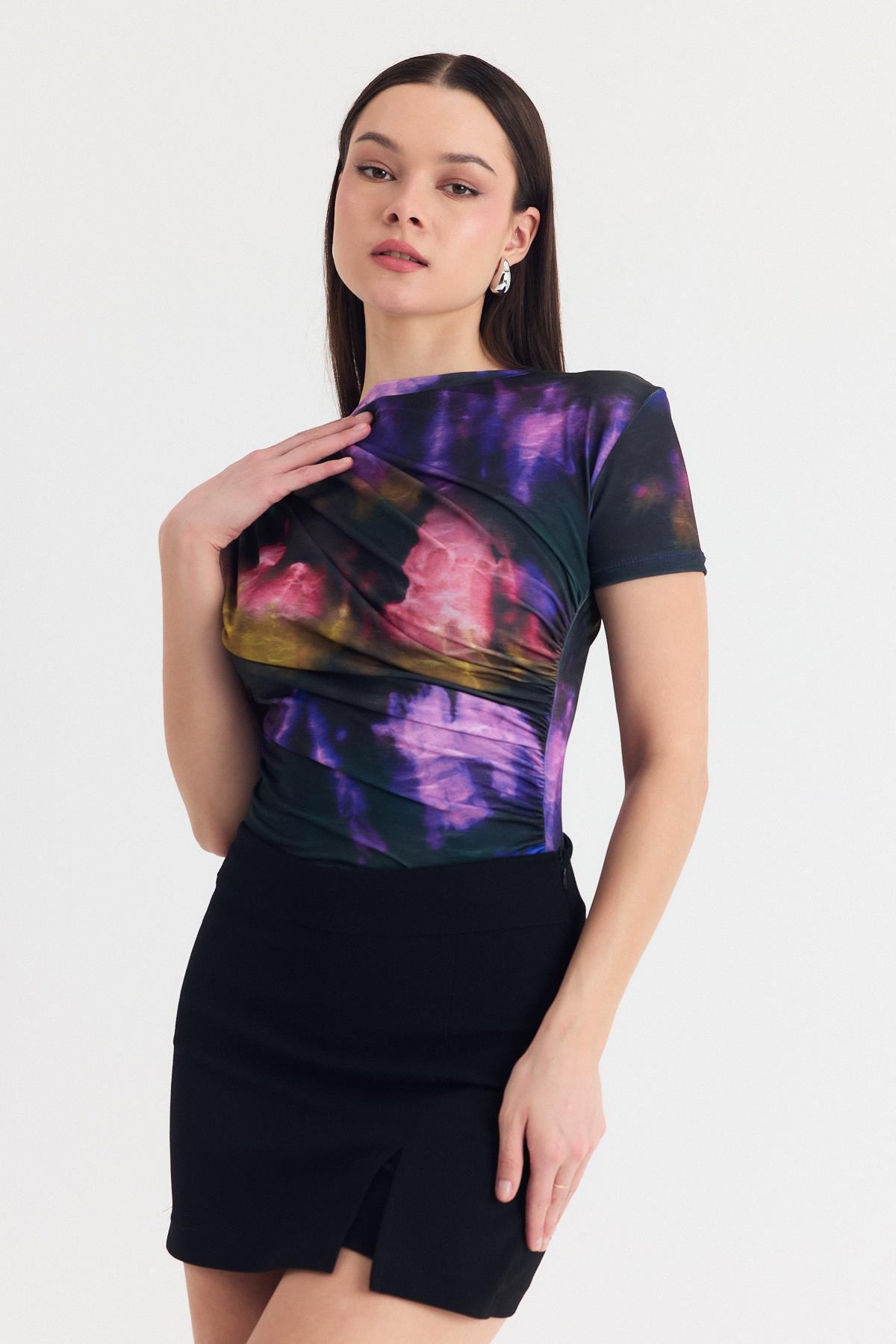 Mor Desenli Büzgülü Sandy Bluz 12303 - 7