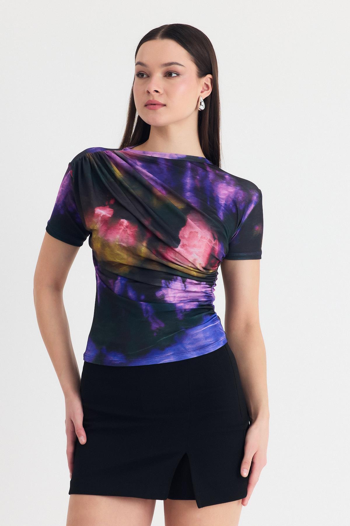 Mor Desenli Büzgülü Sandy Bluz 12303 - 3