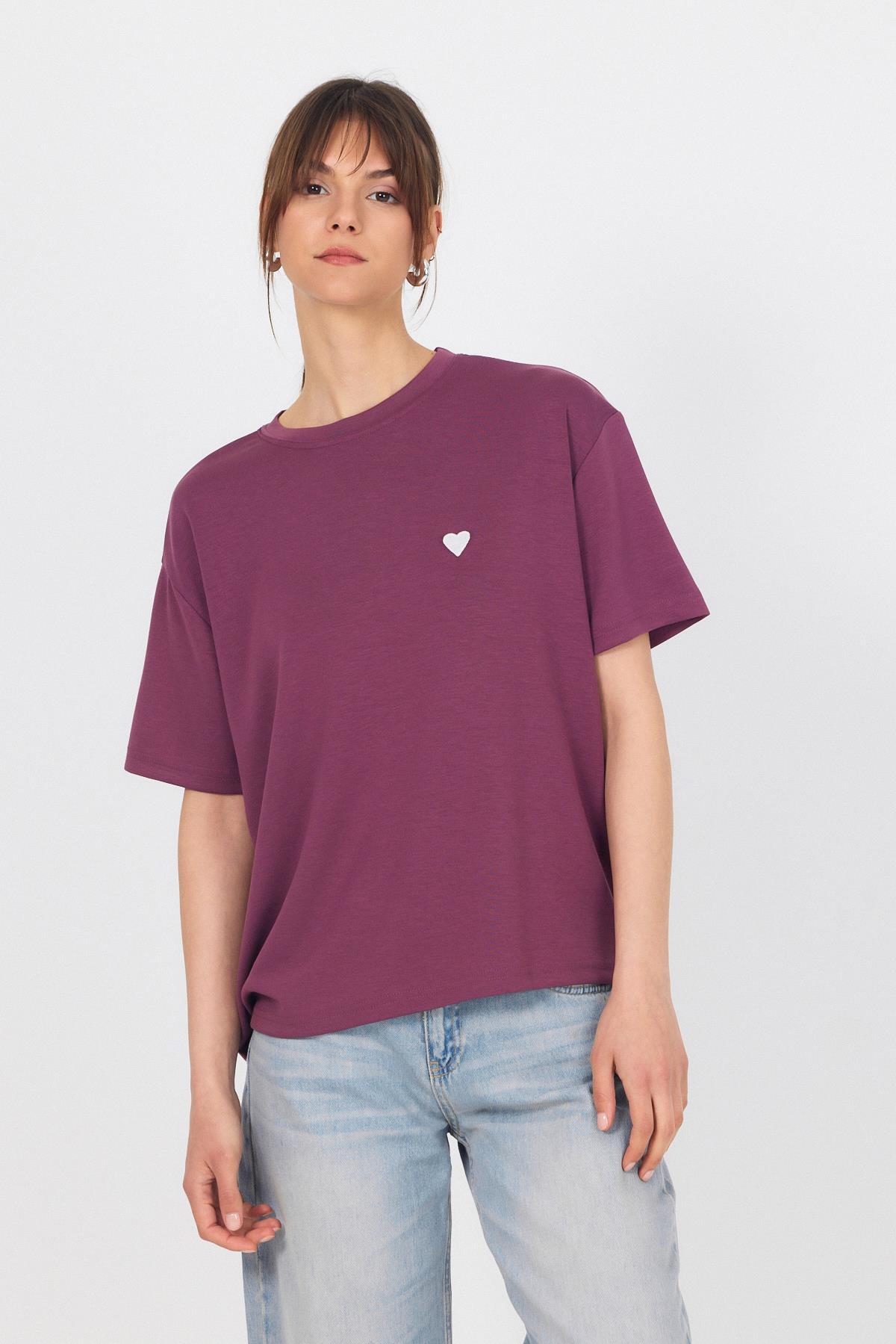 Mor Kalp Nakışlı Premium Kumaş Tişört 6218 - 4