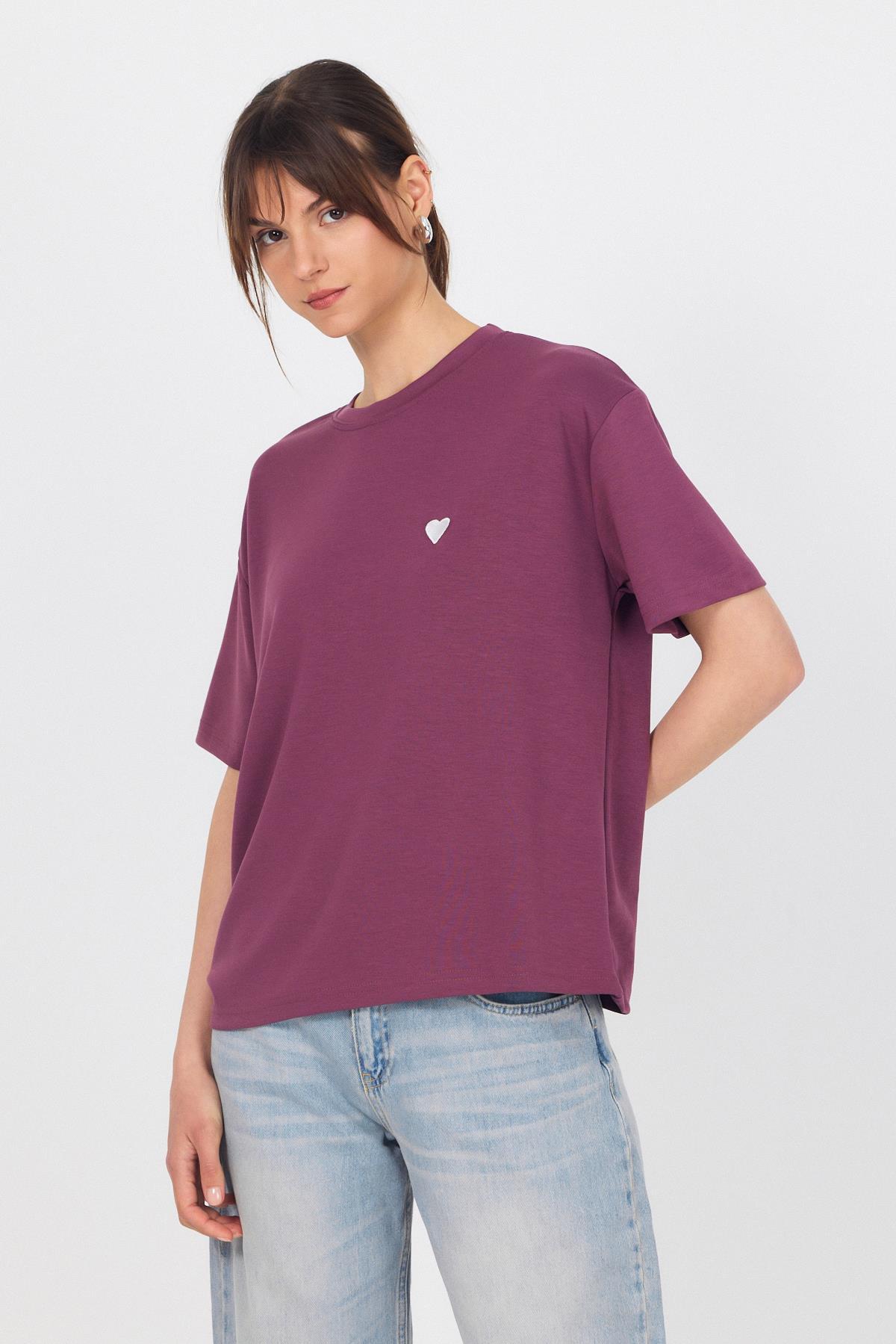 Mor Kalp Nakışlı Premium Kumaş Tişört 6218 