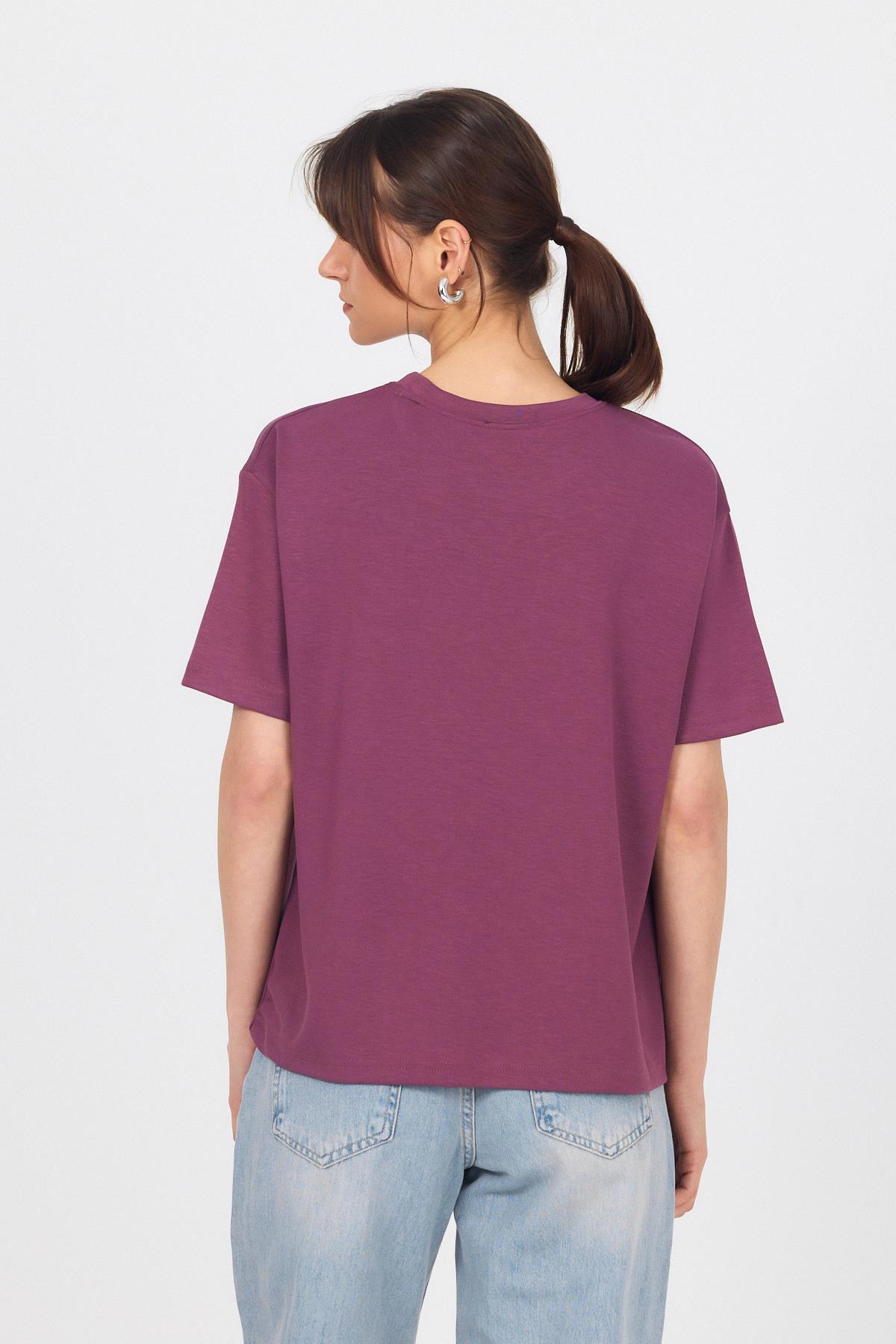 Mor Kalp Nakışlı Premium Kumaş Tişört 6218 - 5