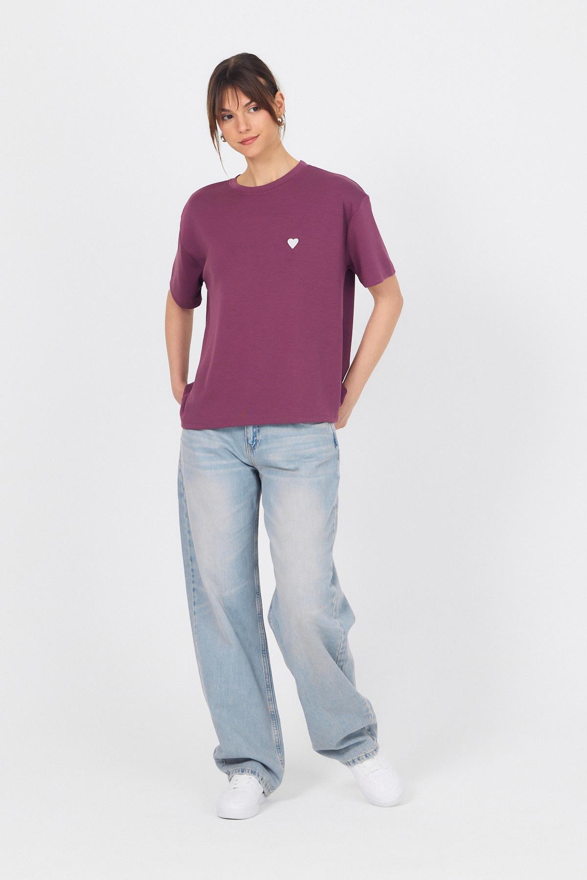 Mor Kalp Nakışlı Premium Kumaş Tişört 6218 - 6