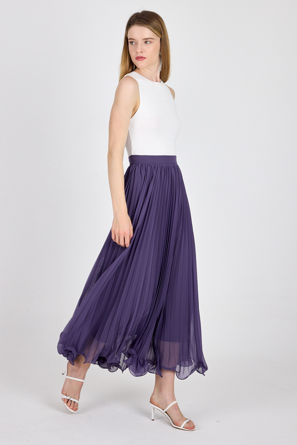 Mor Şifon Piliseli Yüksek Bel Maxi Etek 1003 