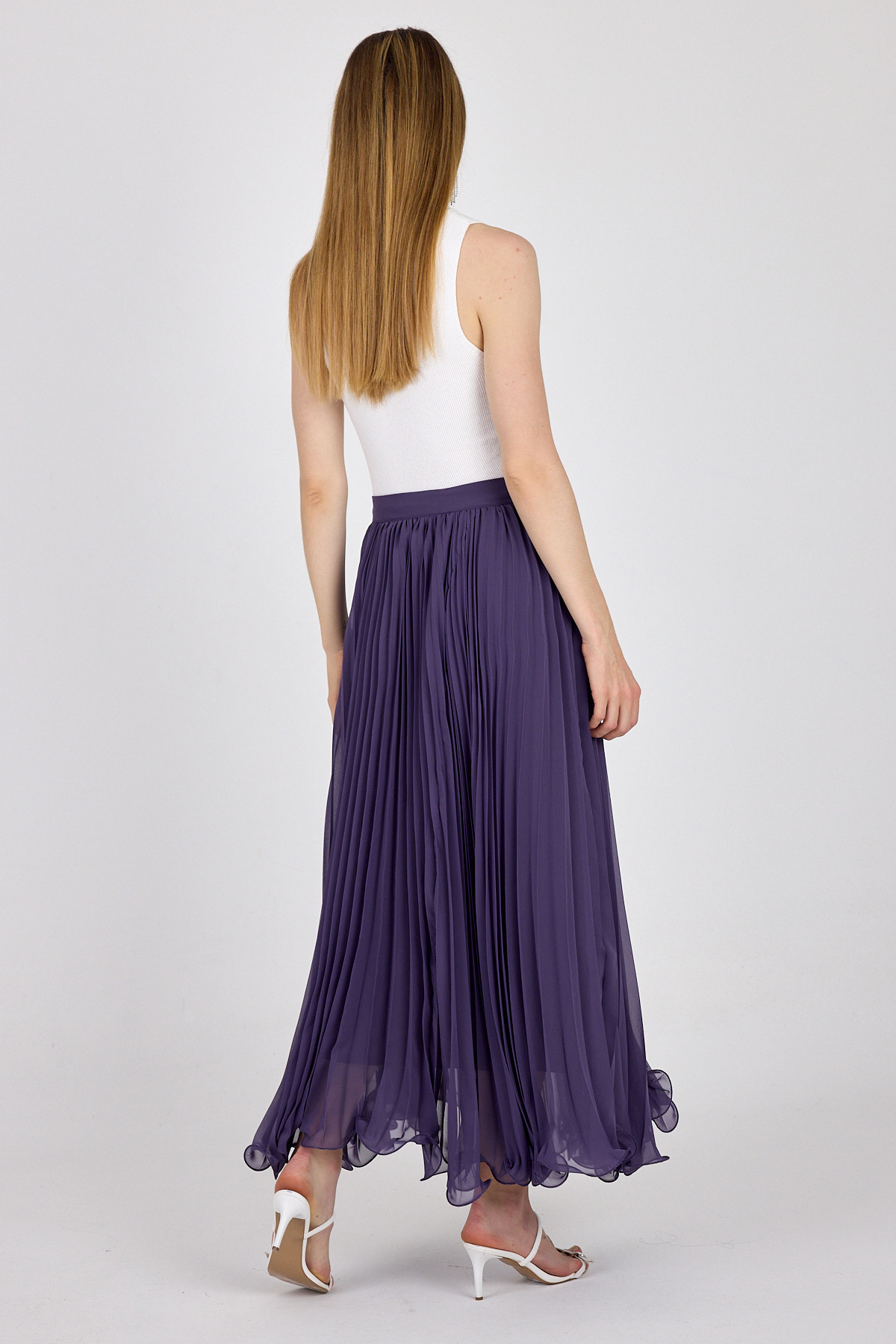 Mor Şifon Piliseli Yüksek Bel Maxi Etek 1003 - 5