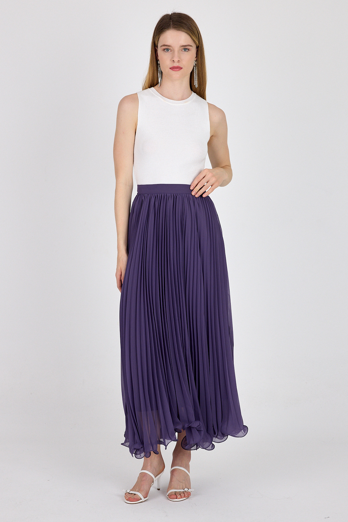 Mor Şifon Piliseli Yüksek Bel Maxi Etek 1003 - 7