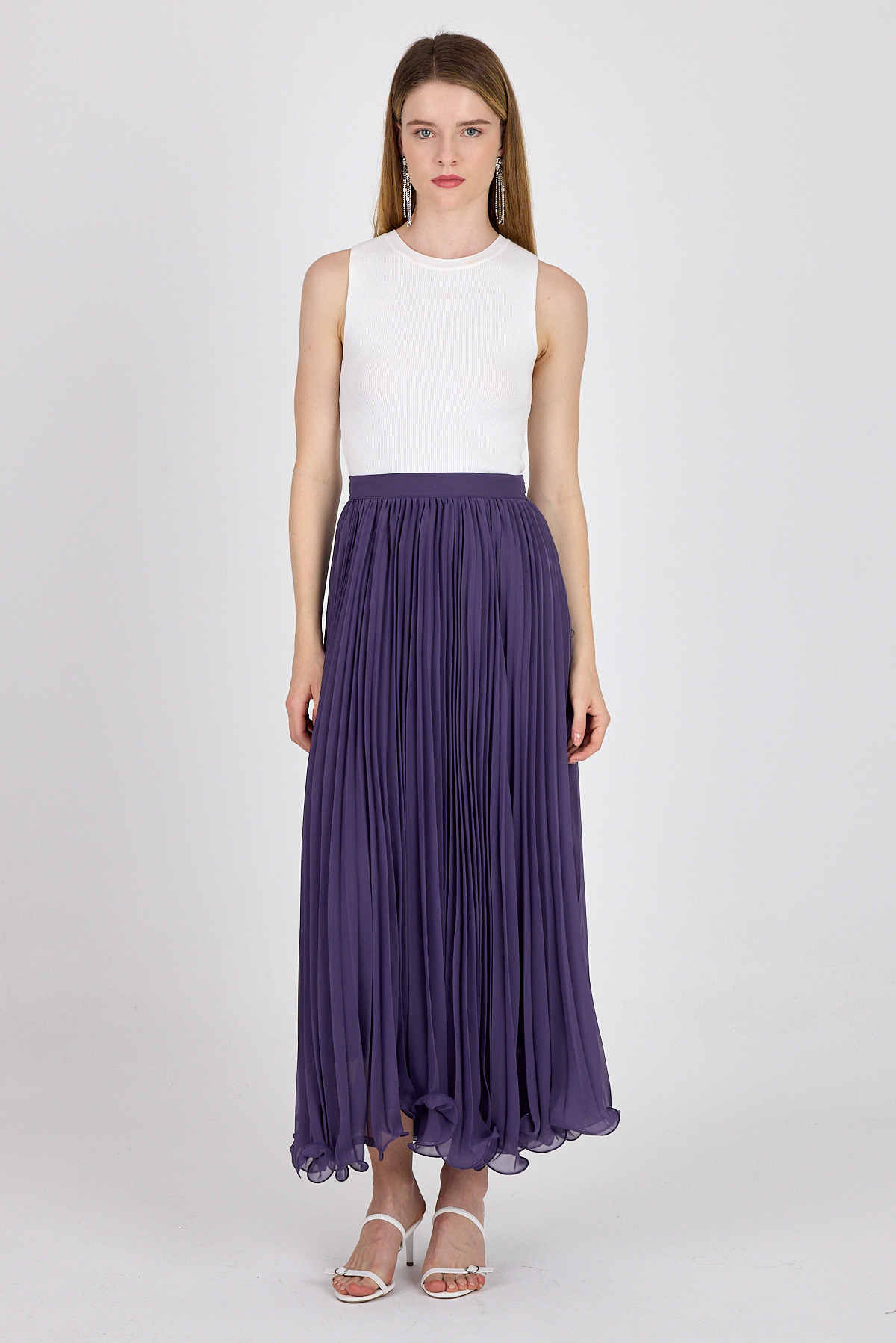 Mor Şifon Piliseli Yüksek Bel Maxi Etek 1003 - 2