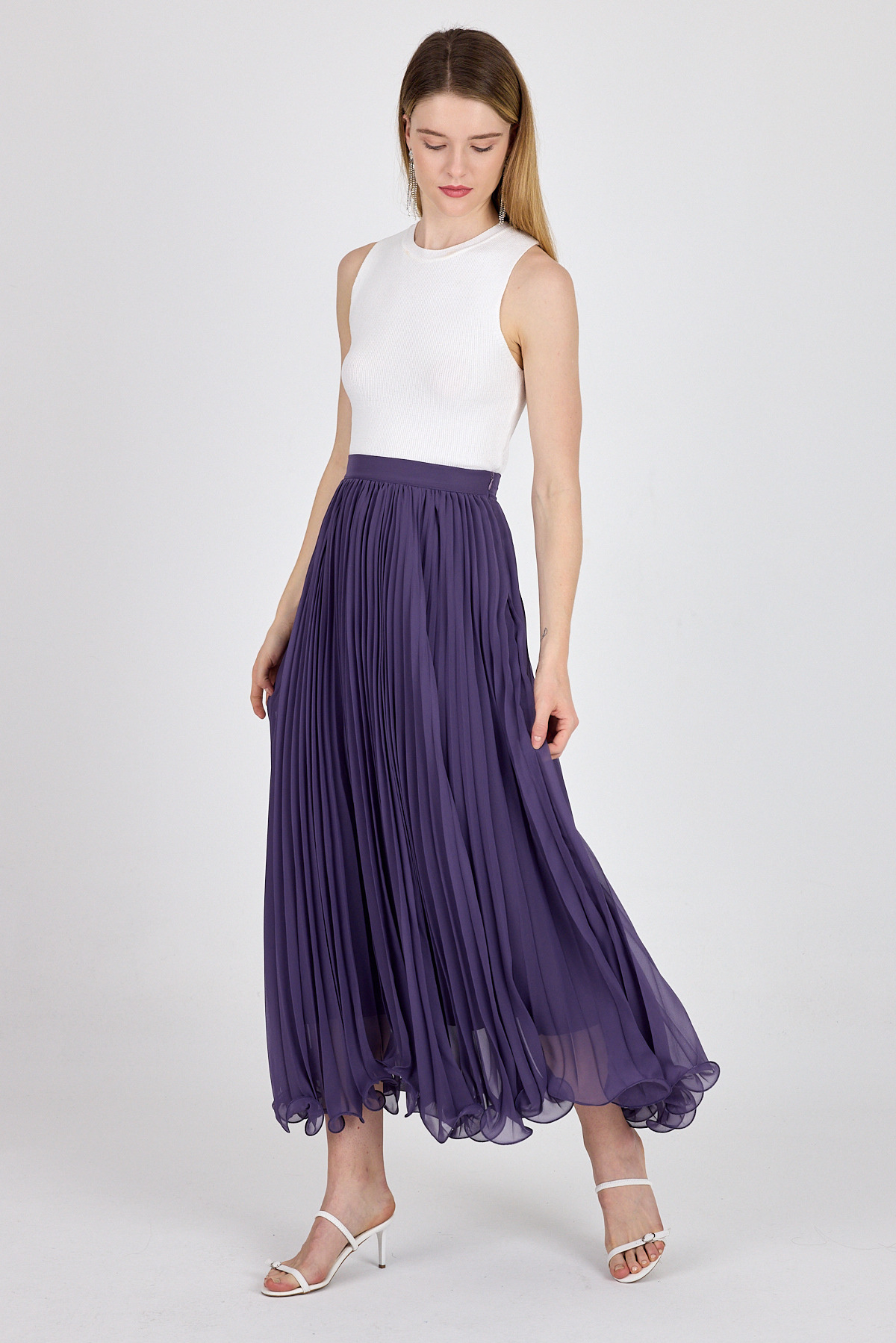 Mor Şifon Piliseli Yüksek Bel Maxi Etek 1003 - 6