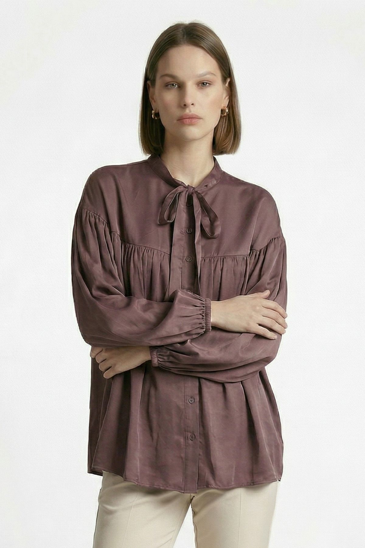 Mürdüm Balon Kollu Pileli Bağlamalı Bluz 0088 - 1