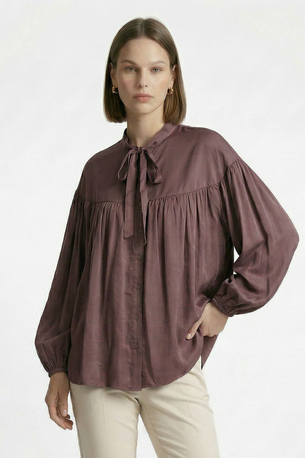 Mürdüm Balon Kollu Pileli Bağlamalı Bluz 0088 - 3