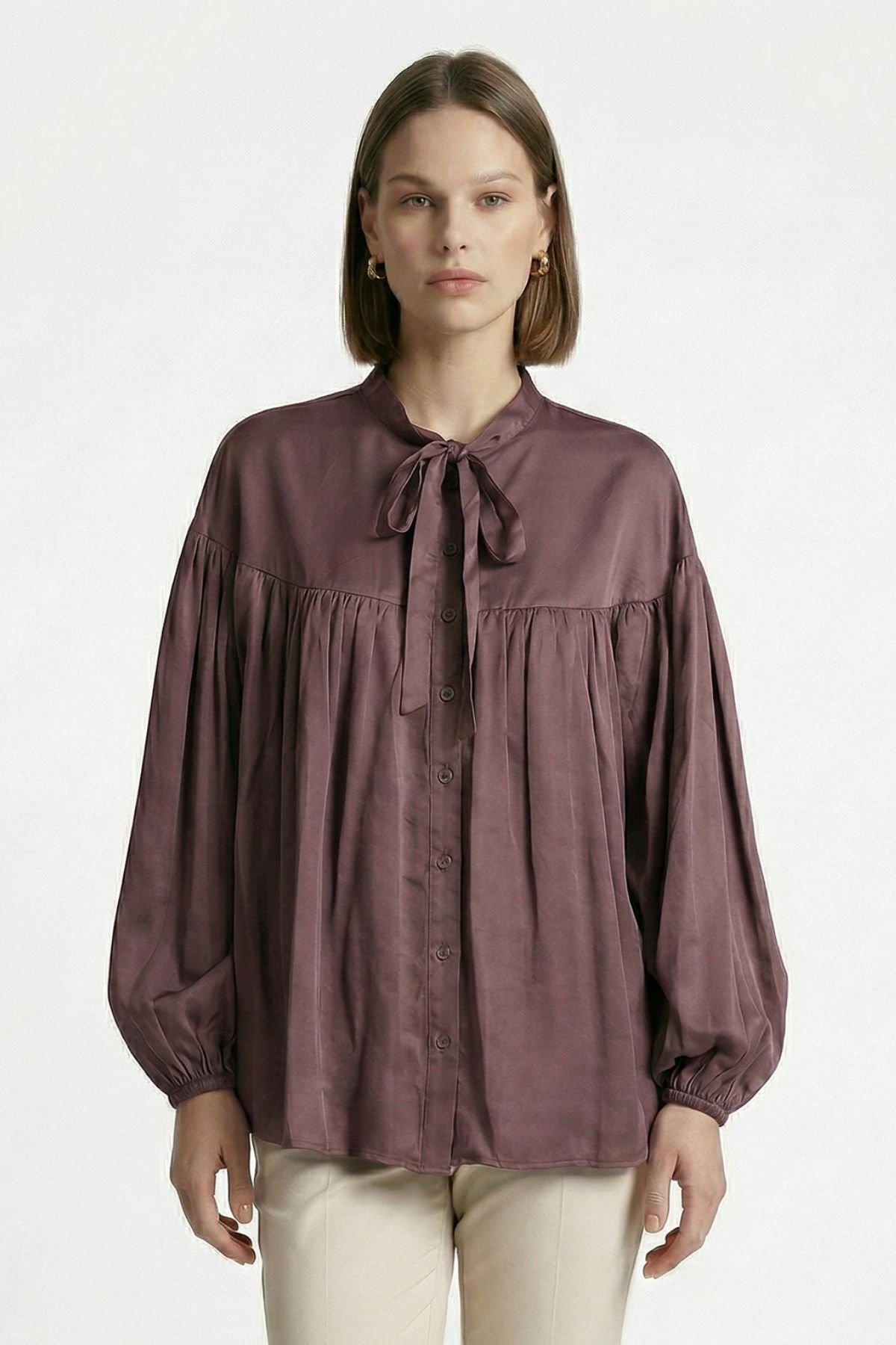 Mürdüm Balon Kollu Pileli Bağlamalı Bluz 0088 - RAYS