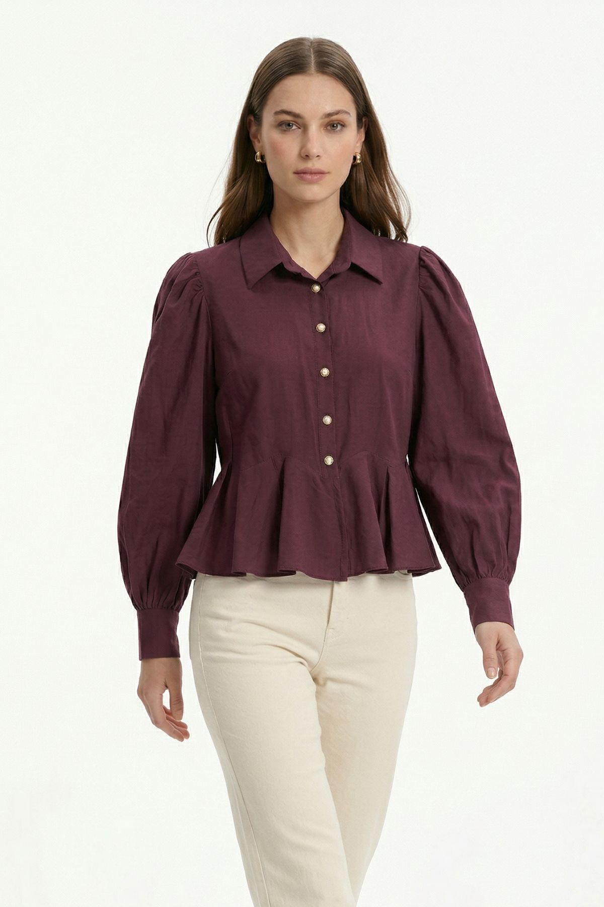 Mürdüm Balon Kollu Volanlı Bluz 0095 - 1