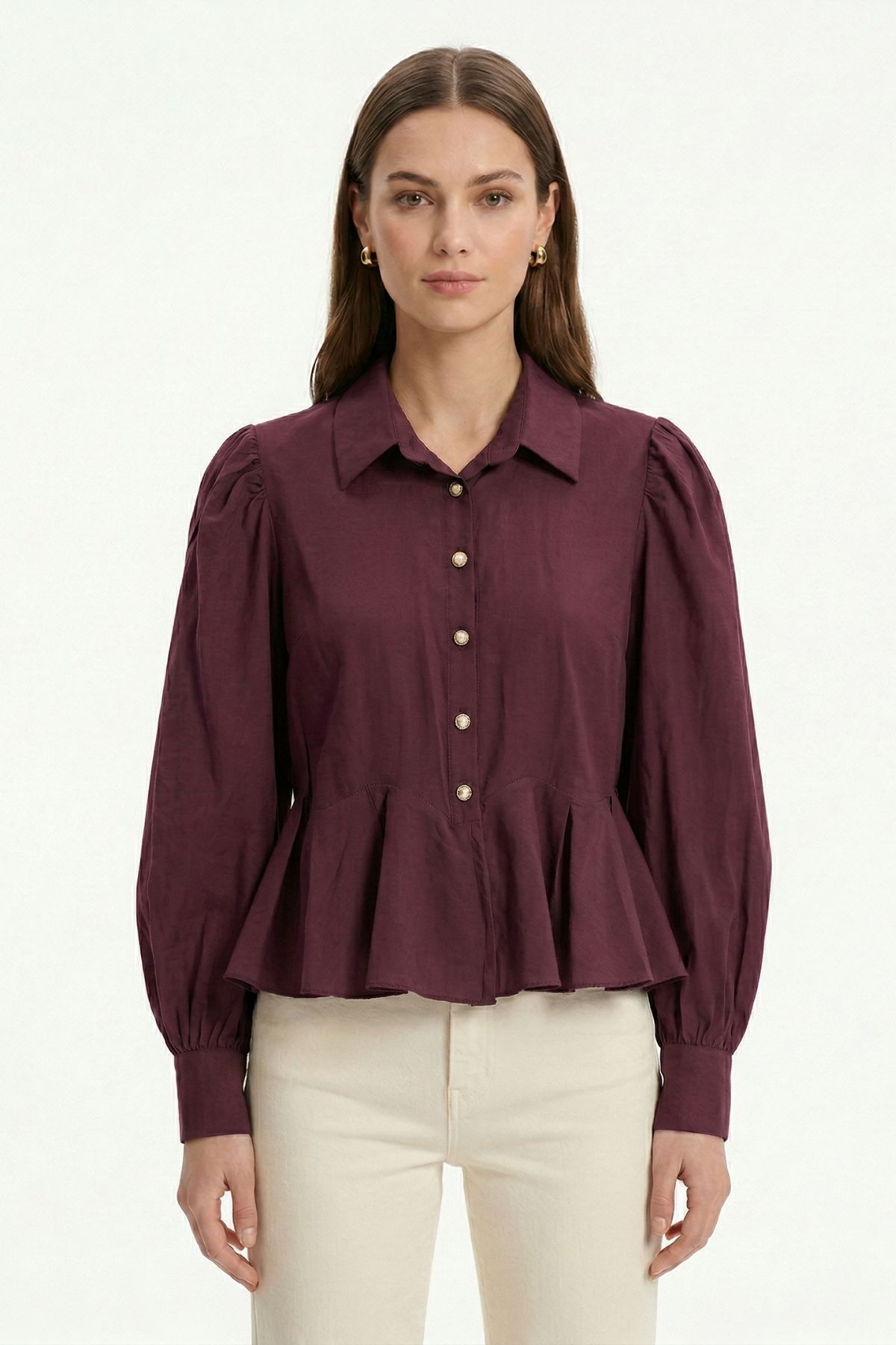 Mürdüm Balon Kollu Volanlı Bluz 0095 - 2