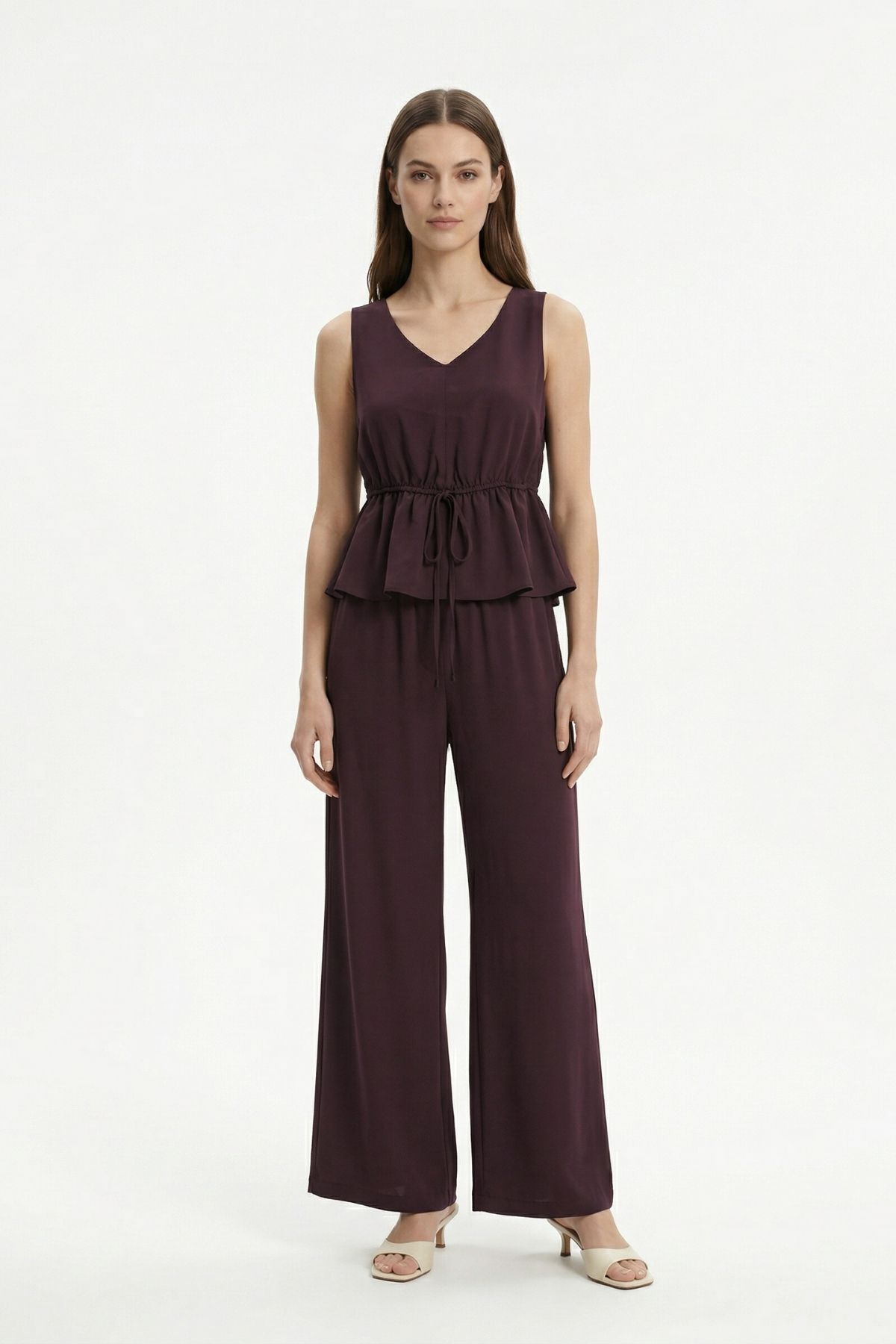 Mürdüm Bel Bağlamalı Sıfır Kol Bluz Pantolon Takım 2794 - RAYS (1)