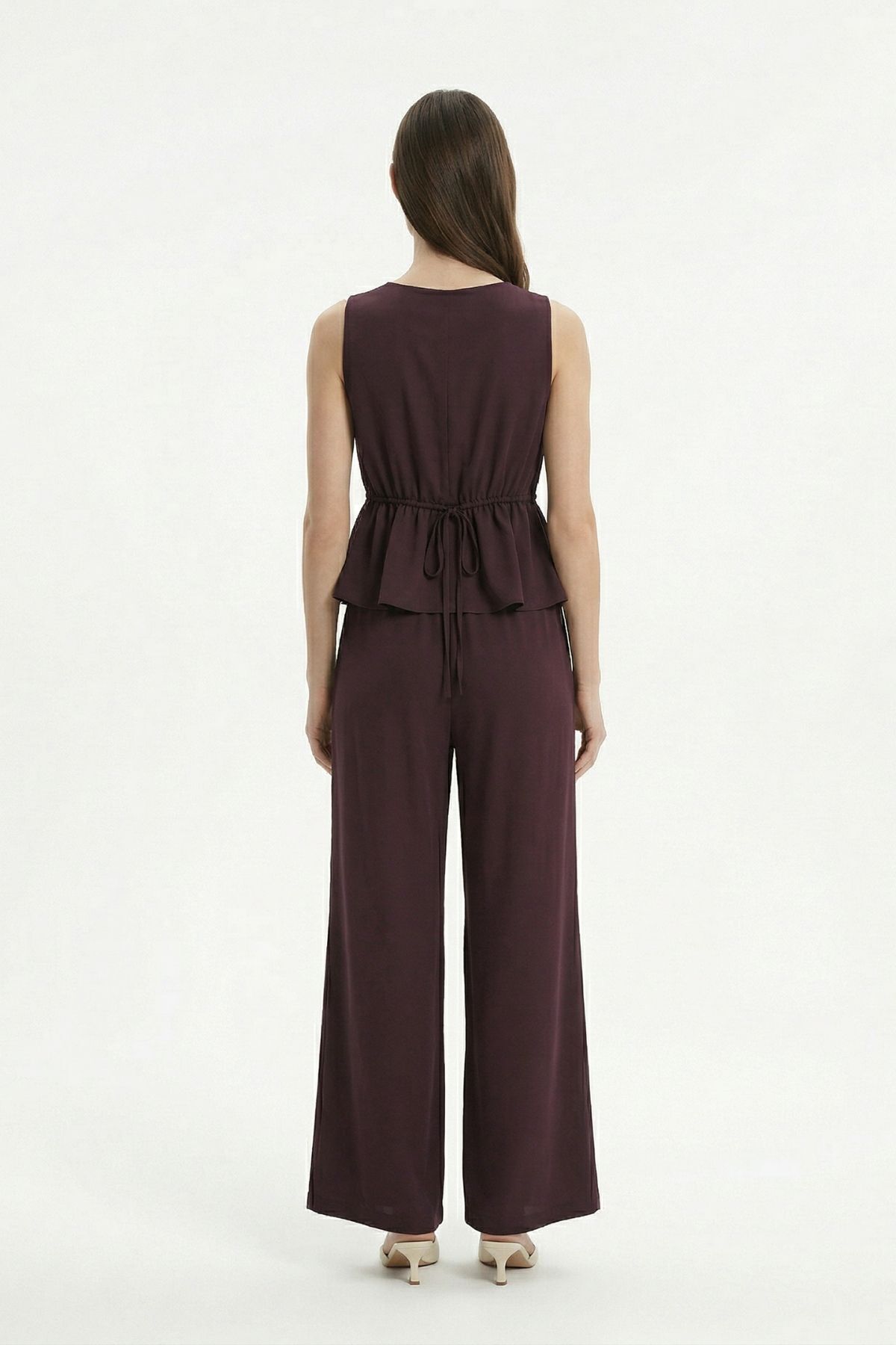 Mürdüm Bel Bağlamalı Sıfır Kol Bluz Pantolon Takım 2794 - RAYS