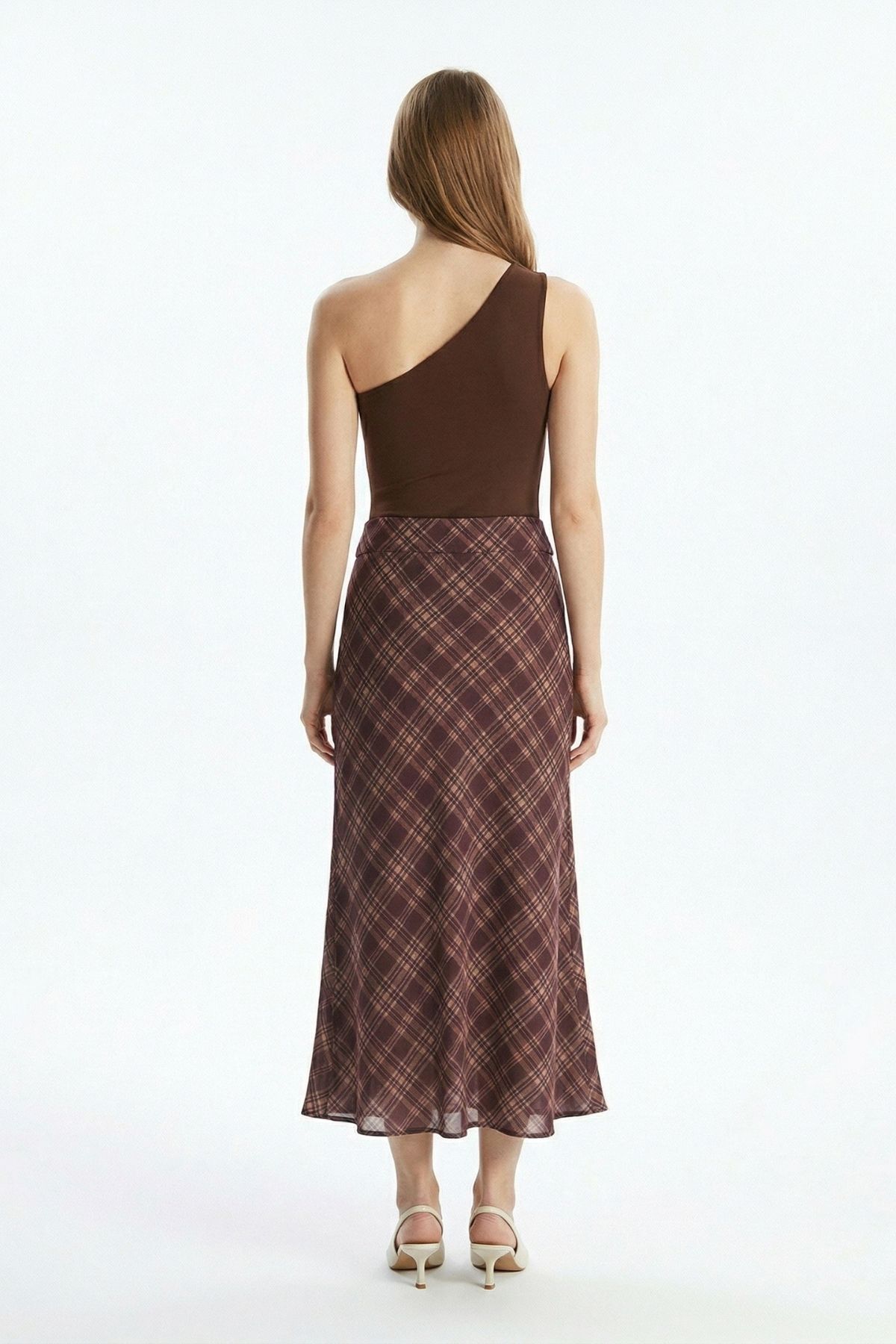 Mürdüm Ekose Desen Bel Lastikli Etek 3507-1 - 3