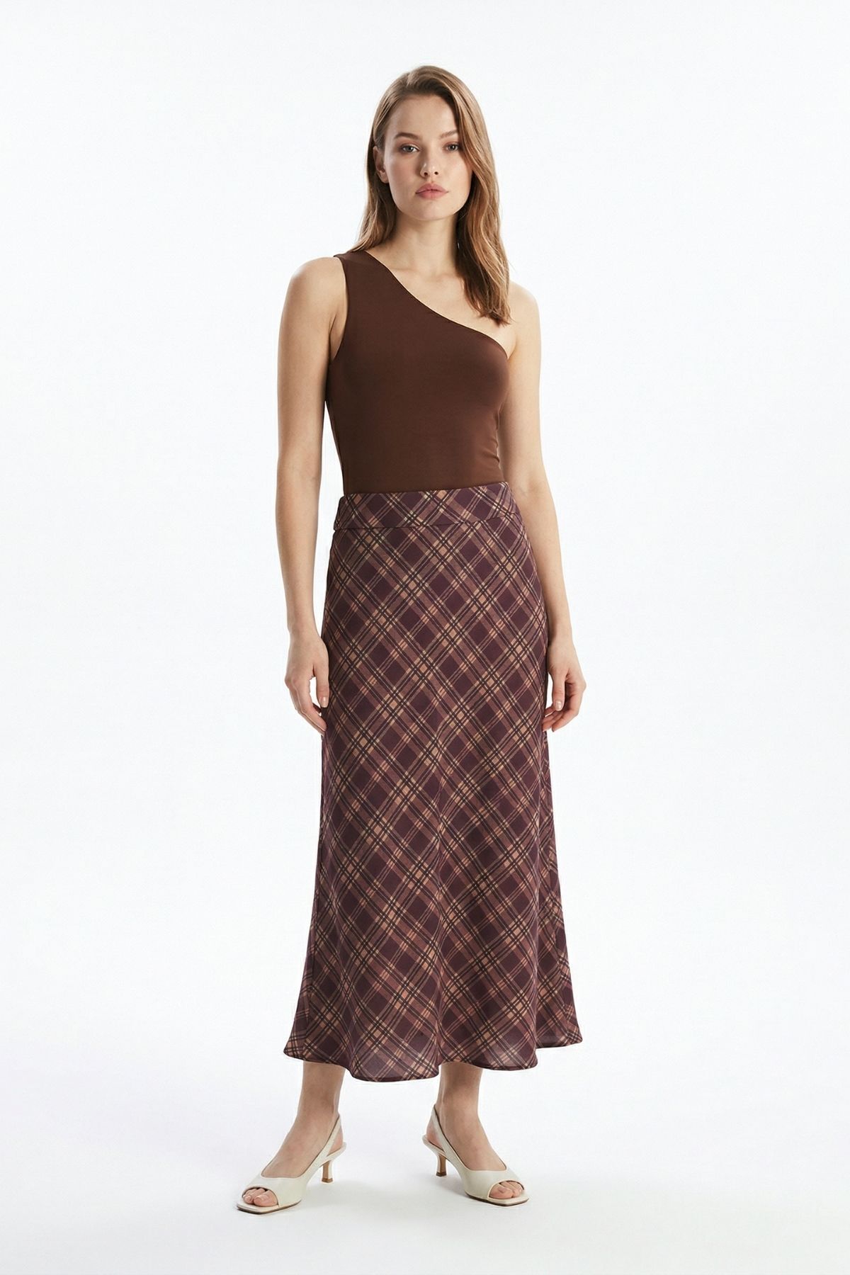 Mürdüm Ekose Desen Bel Lastikli Etek 3507-1 - RAYS