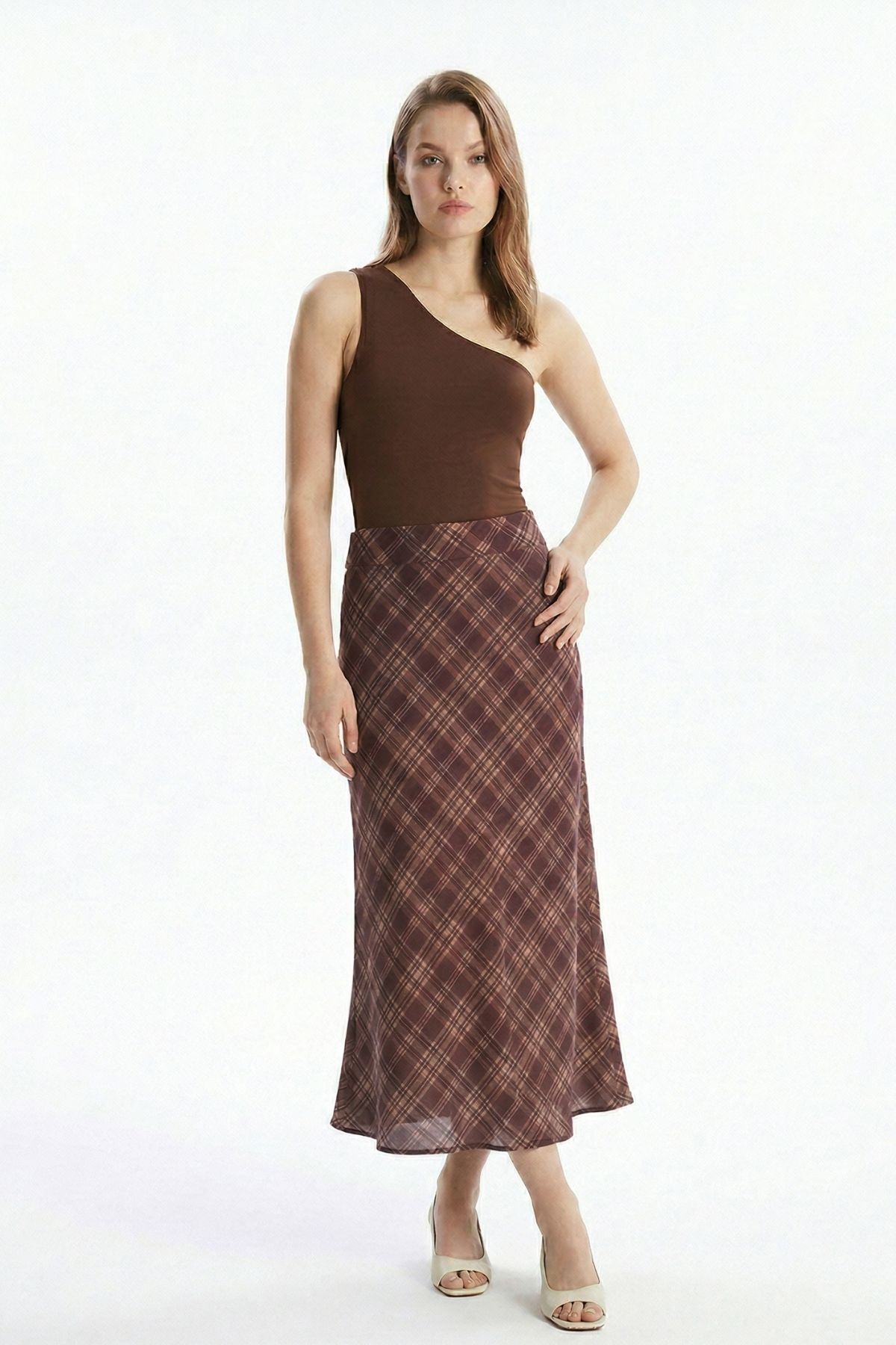 Mürdüm Ekose Desen Bel Lastikli Etek 3507-1 - RAYS