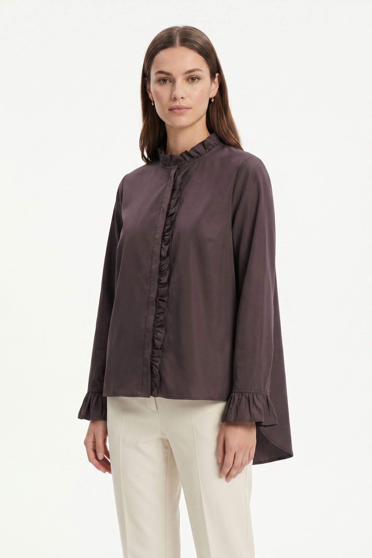 Mürdüm İspanyol Kollu Pileli Gömlek 0057 - 1