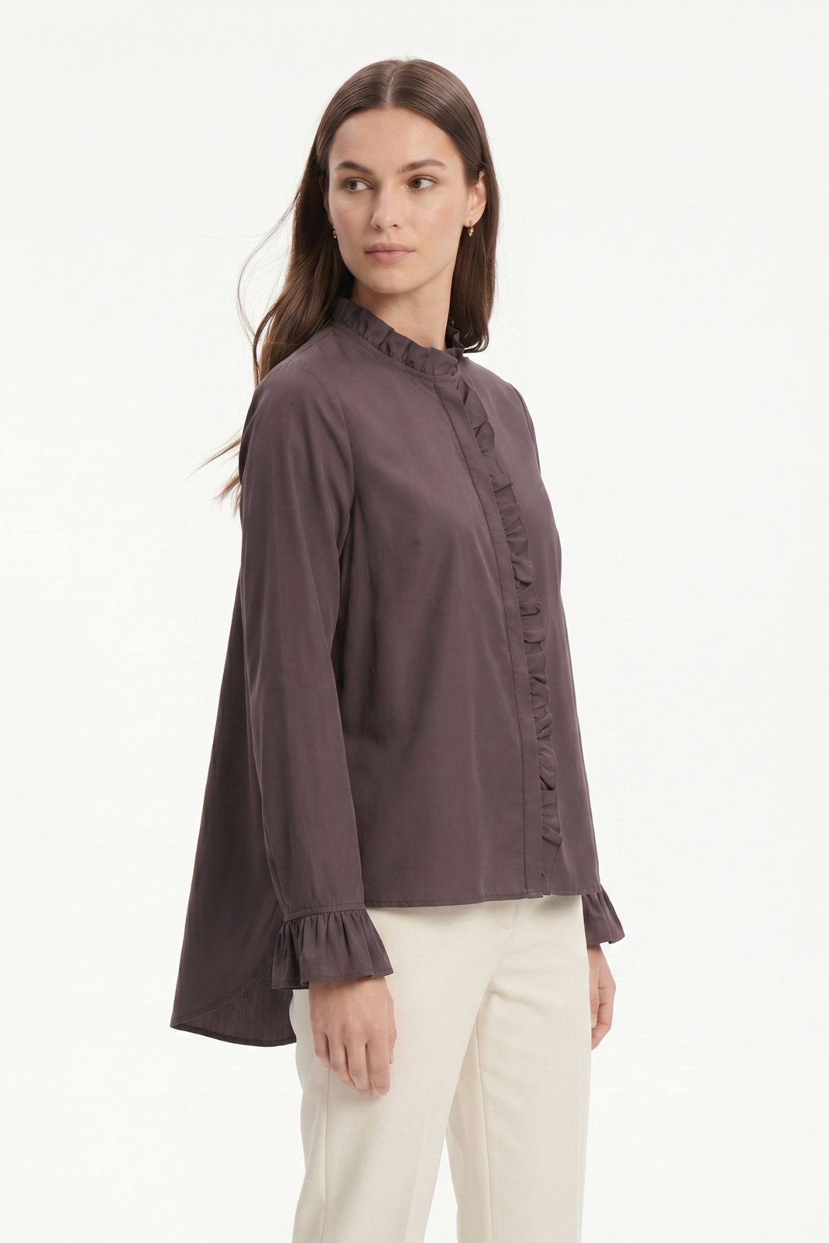 Mürdüm İspanyol Kollu Pileli Gömlek 0057 - 2