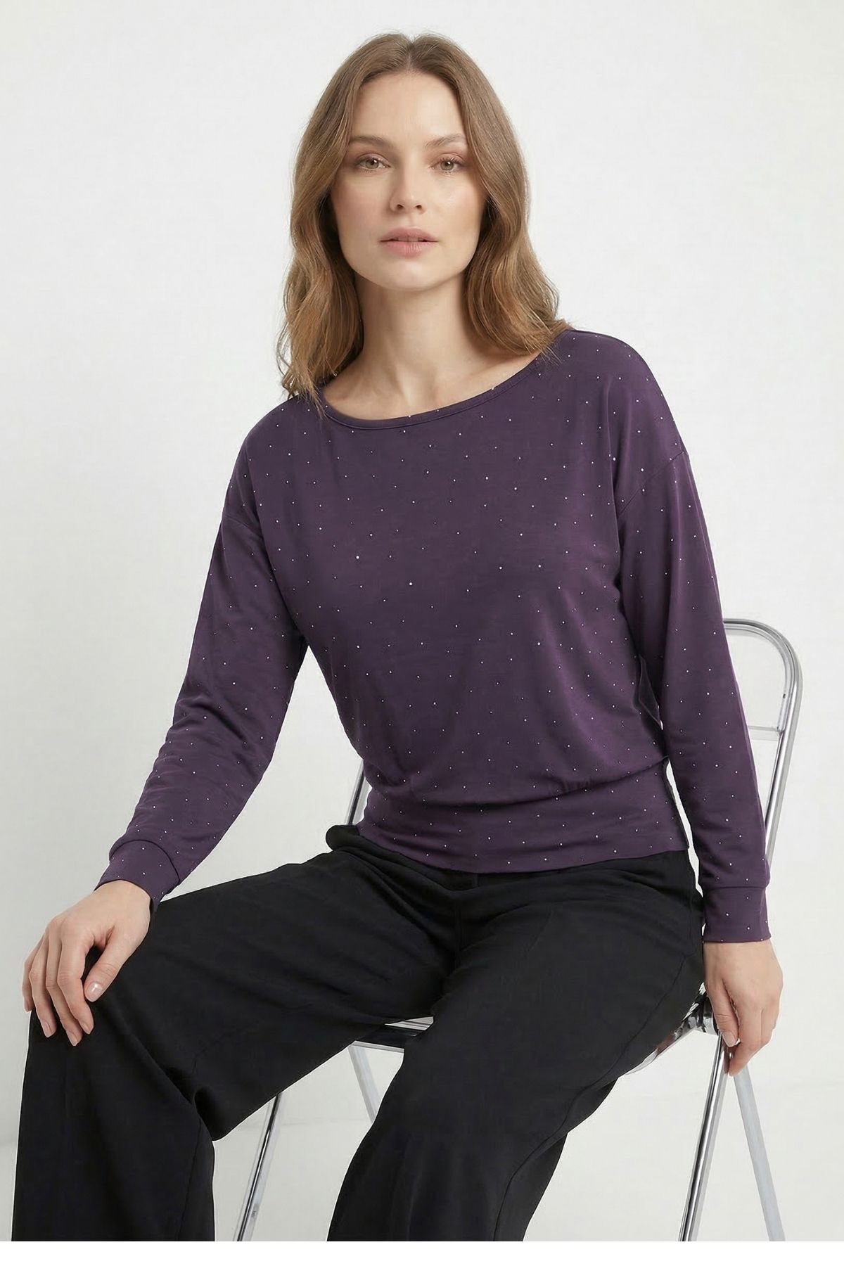 Mürdüm Kayık Yaka Taş Detaylı Bluz 8364 - RAYS