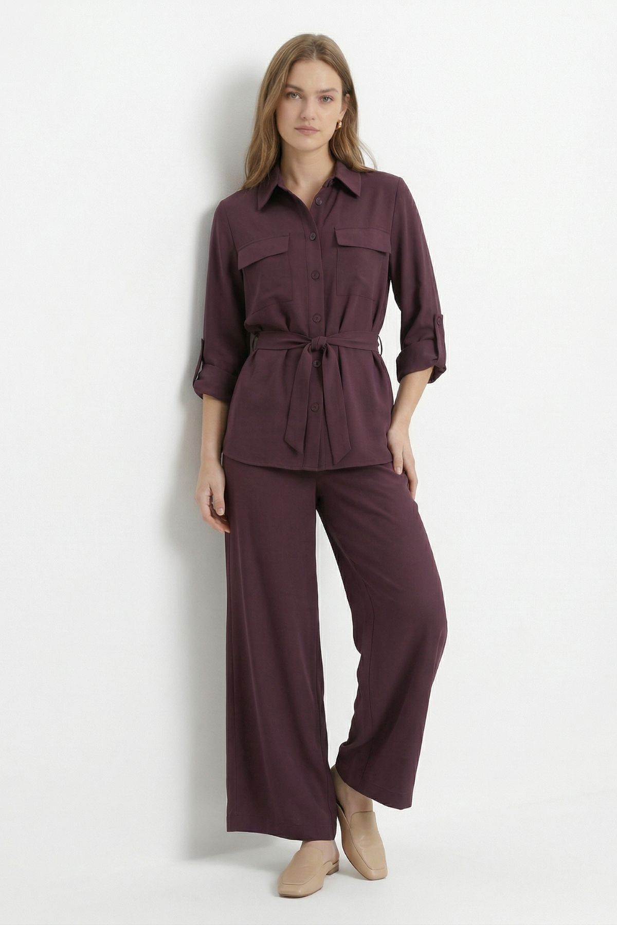 Mürdüm Kuşaklı Cepli Ceket Pantolon Takım 8874 