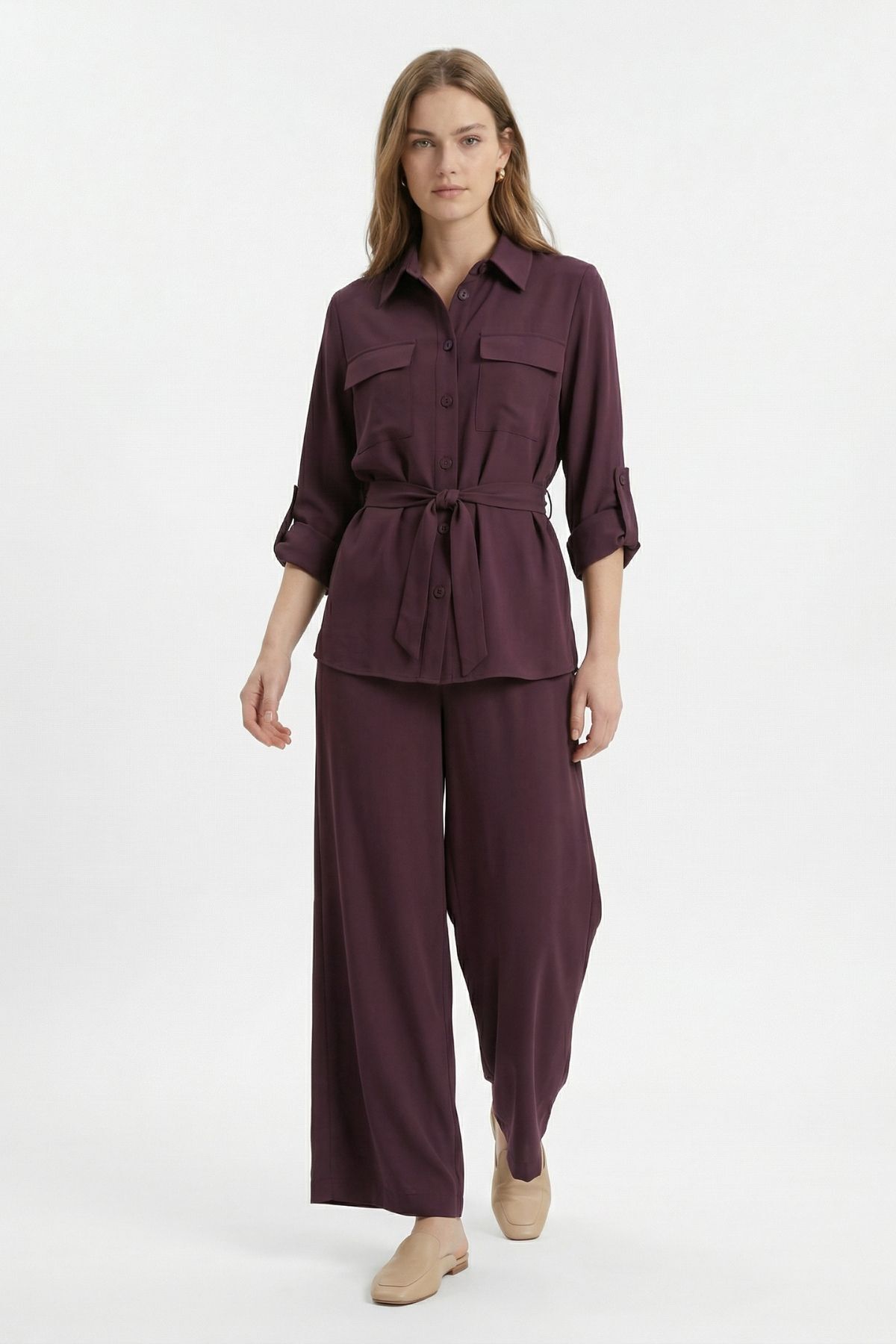 Mürdüm Kuşaklı Cepli Ceket Pantolon Takım 8874 - 2