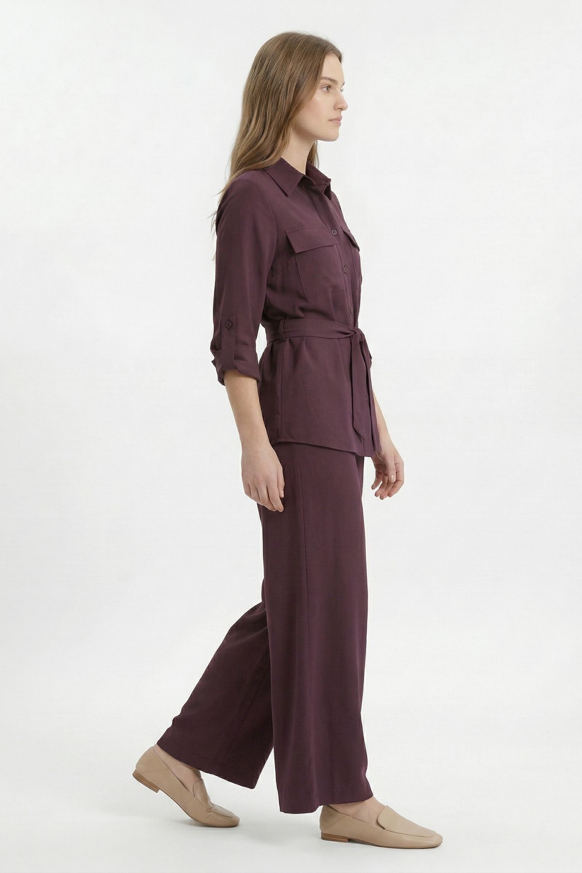 Mürdüm Kuşaklı Cepli Ceket Pantolon Takım 8874 - 3