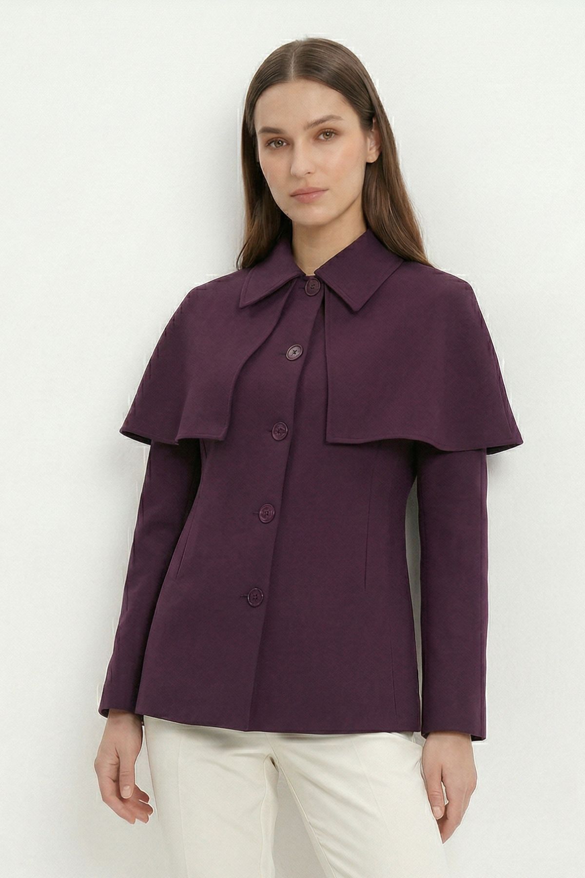 Mürdüm Pelerin Detay Düğmeli Ceket 7687 