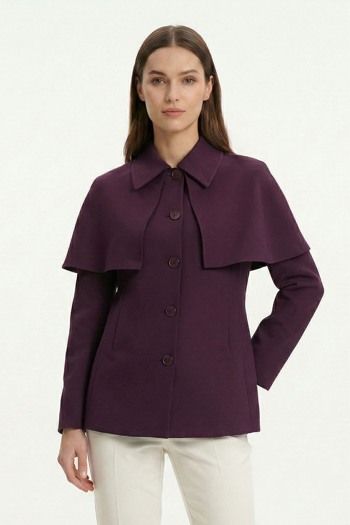 Mürdüm Pelerin Detay Düğmeli Ceket 7687 - 2