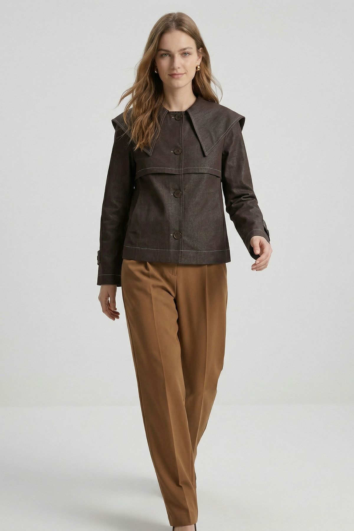 Mürdüm Pelerin Detay Düğmeli Denim Ceket 7681 - RAYS