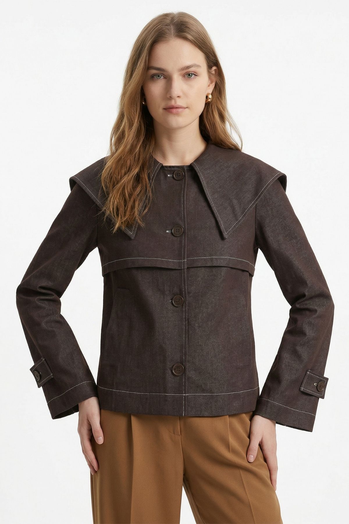 Mürdüm Pelerin Detay Düğmeli Denim Ceket 7681 - RAYS