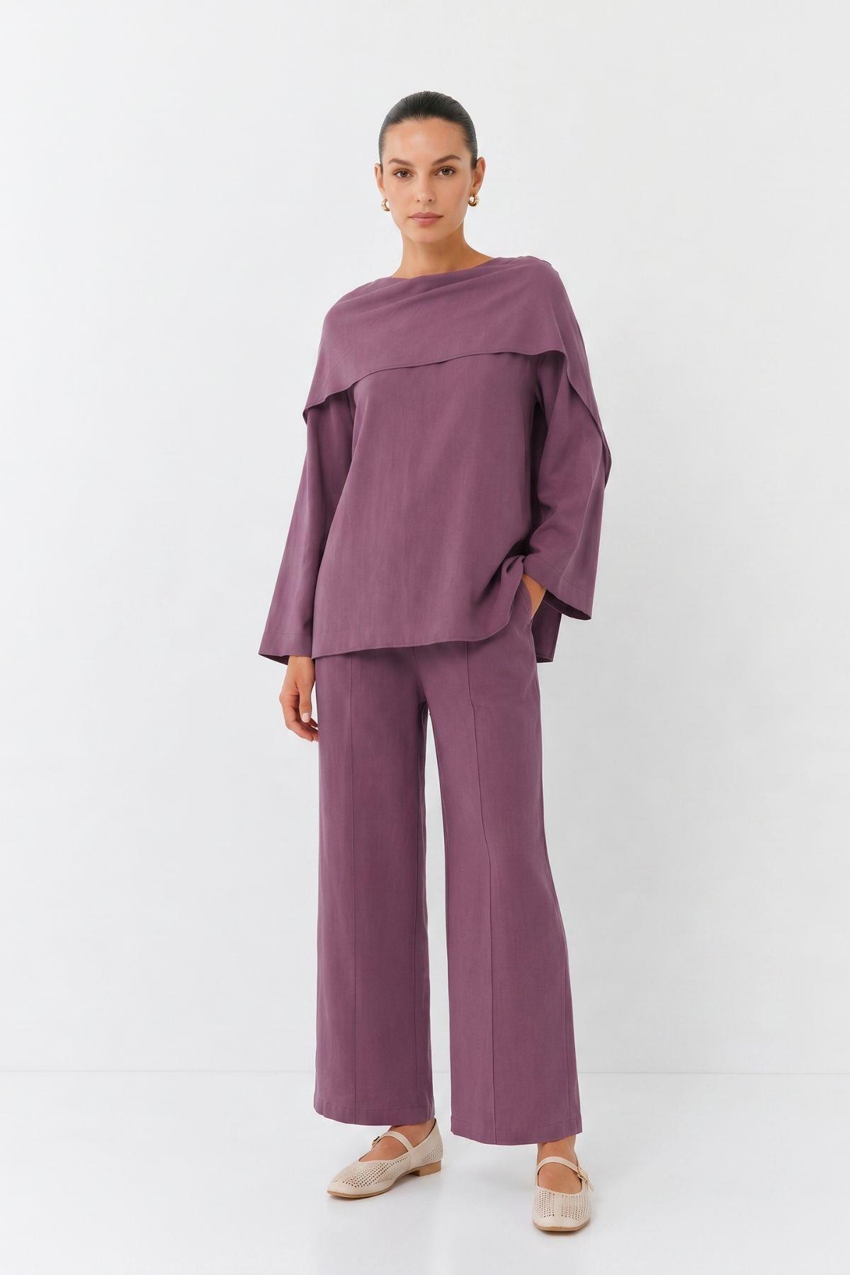 Şal Yaka Tunik Pantolon Takım 6350 Mürdüm - 1
