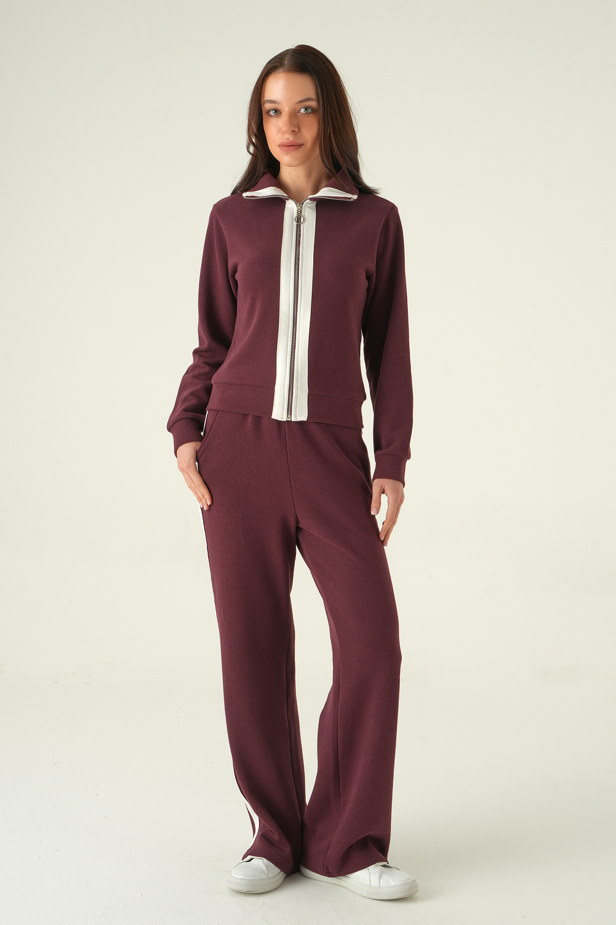 Mürdüm Şeritli Hırka Pantolon Takım 3085A - RAYS